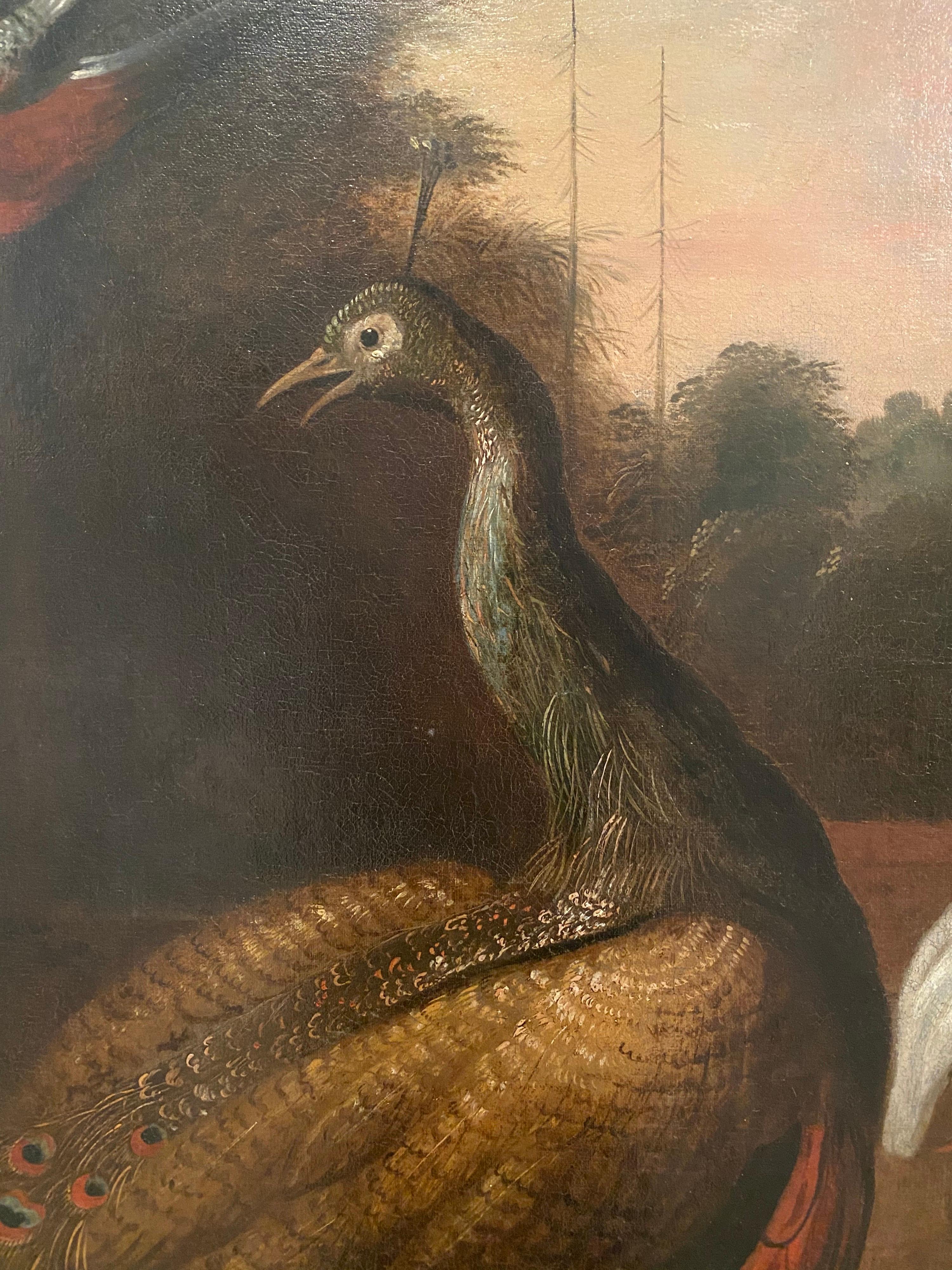 A monkey, peacock, parrot and other exotic birds in a park landscape - Baroque Painting by Jakob Bogdani