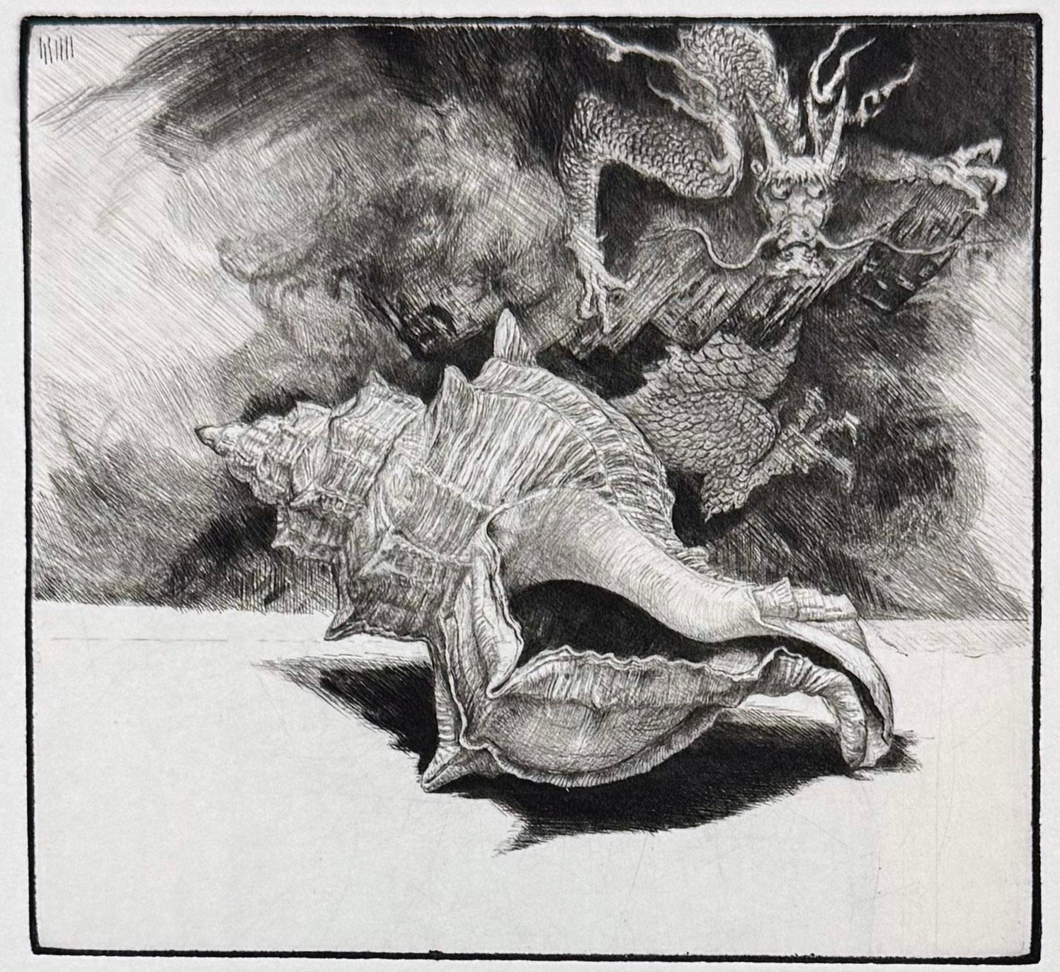 Purpura y Dragón, Op. 211, Punta seca de diamante de Jakob Demus.
Demus dijo de este grabado: "Encontré la concha en Nápoles, el dragón taoísta se inspiró en el famoso manuscrito de Chen Rong, Nueve dragones entre nubes y olas (siglo XIII; Boston,