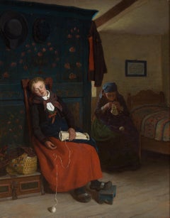 Ein altes Genre-Interieur aus dem 19. Jahrhundert mit der Darstellung eines nachmittäglichen Nickerchens, 1877