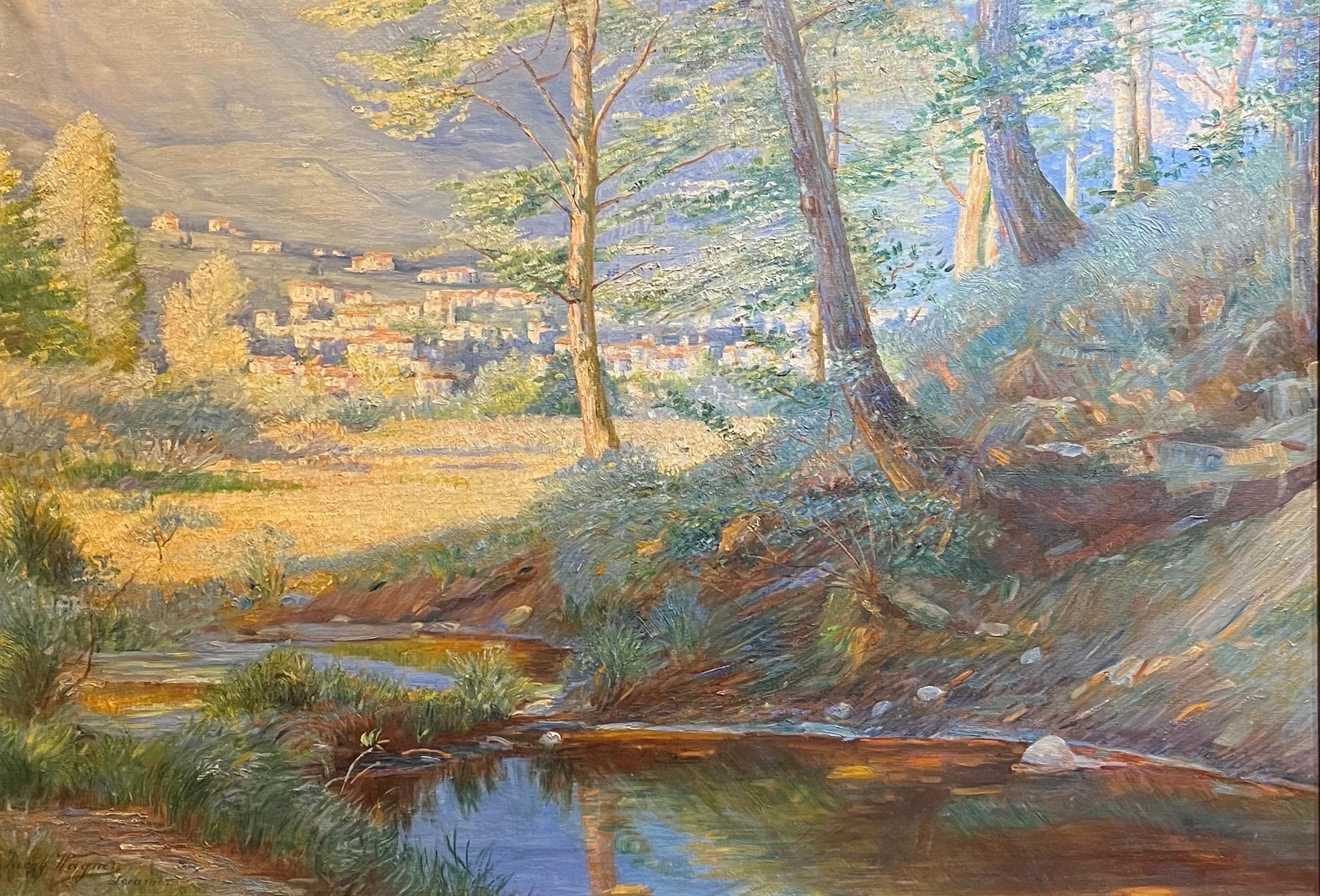 Œuvre vendue avec son cadre (101 x 140 cm) 

Jakob Wagner (1861-1915) était un peintre suisse connu pour ses paysages sereins, ses eaux tranquilles et ses scènes évocatrices de la nature européenne. Né le 2 janvier 1861 à Gelterkinden, en Suisse, il