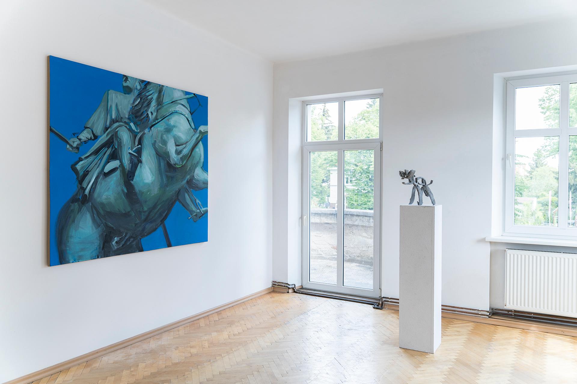 Terra Verde, from Ex Heroes Series - Large Format Oil Painting, Monument Statue - Blue Figurative Painting by Jakub Malinowski