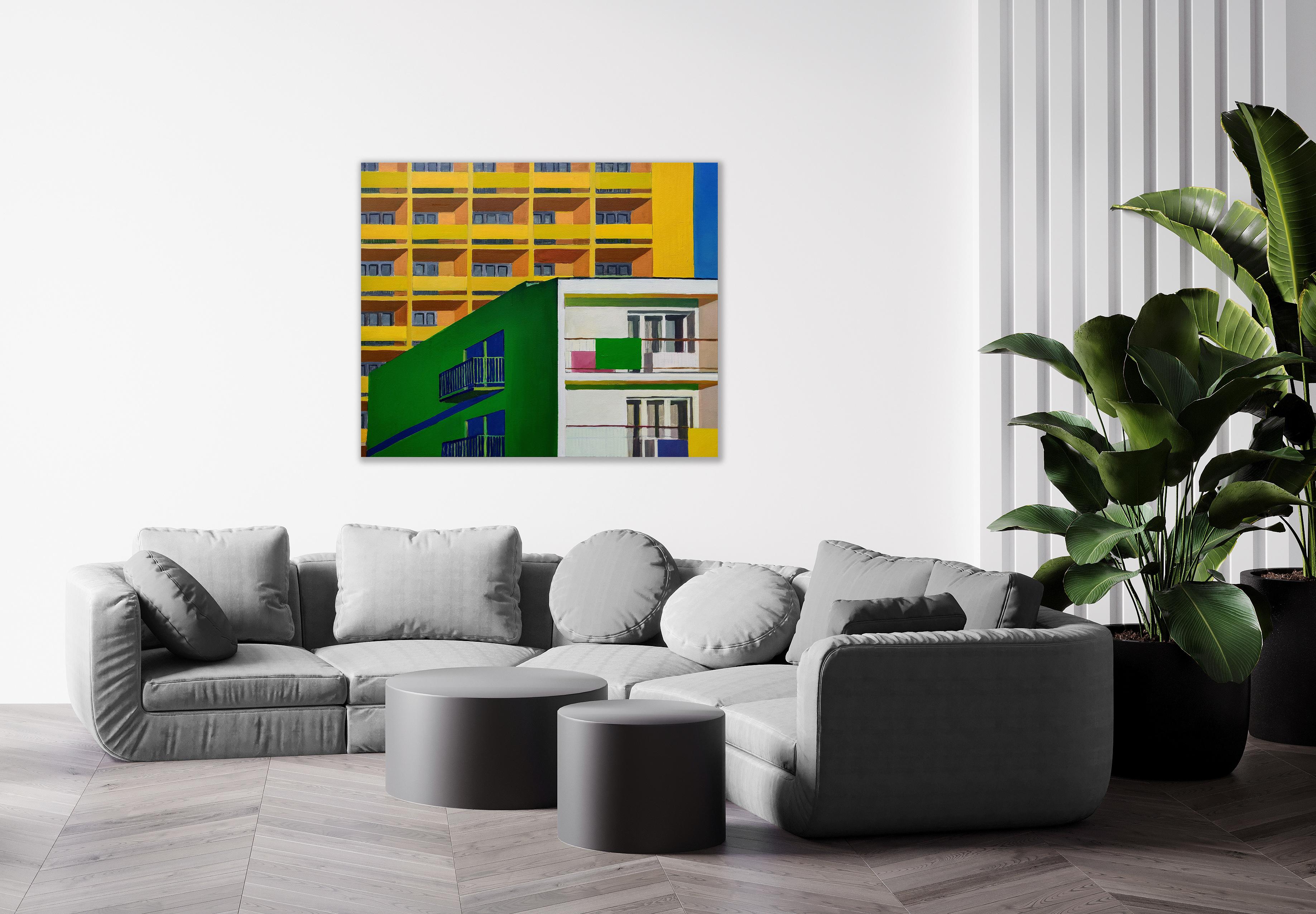 Zeitgenössisches, kraftvolles figuratives Ölgemälde ohne Titel (Gelb und Grünes Haus) – Painting von Jakub Malinowski
