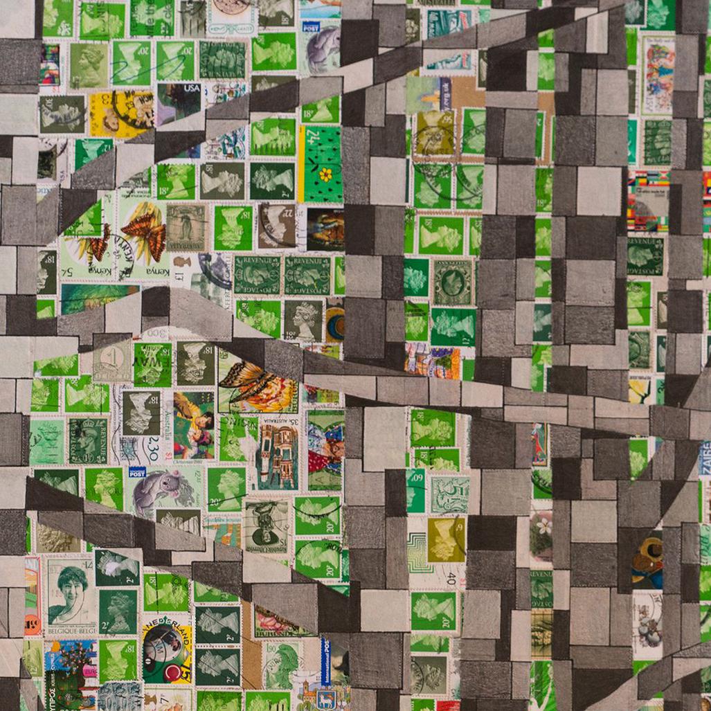 The main focus of my work is placed upon compilations of various pre-existing materials (in this artwork I used stamps) , which were collected from the surrounding environment and then given new significance in an image.   This artwork is the
