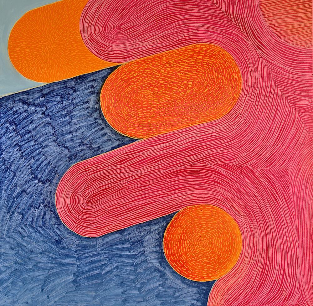 Mating In The Orange Bay – zeitgenössisches abstraktes Ölgemälde, fröhlich, farbenfroh