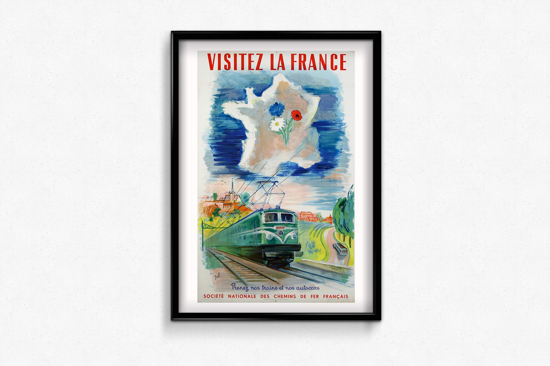 Cette vibrante affiche de voyage originale de 1952 de l'artiste français JAL capture l'optimisme et le dynamisme de la France d'après-guerre à travers le prisme de la fierté nationale et de l'infrastructure moderne. Commandée par la SNCF (Société