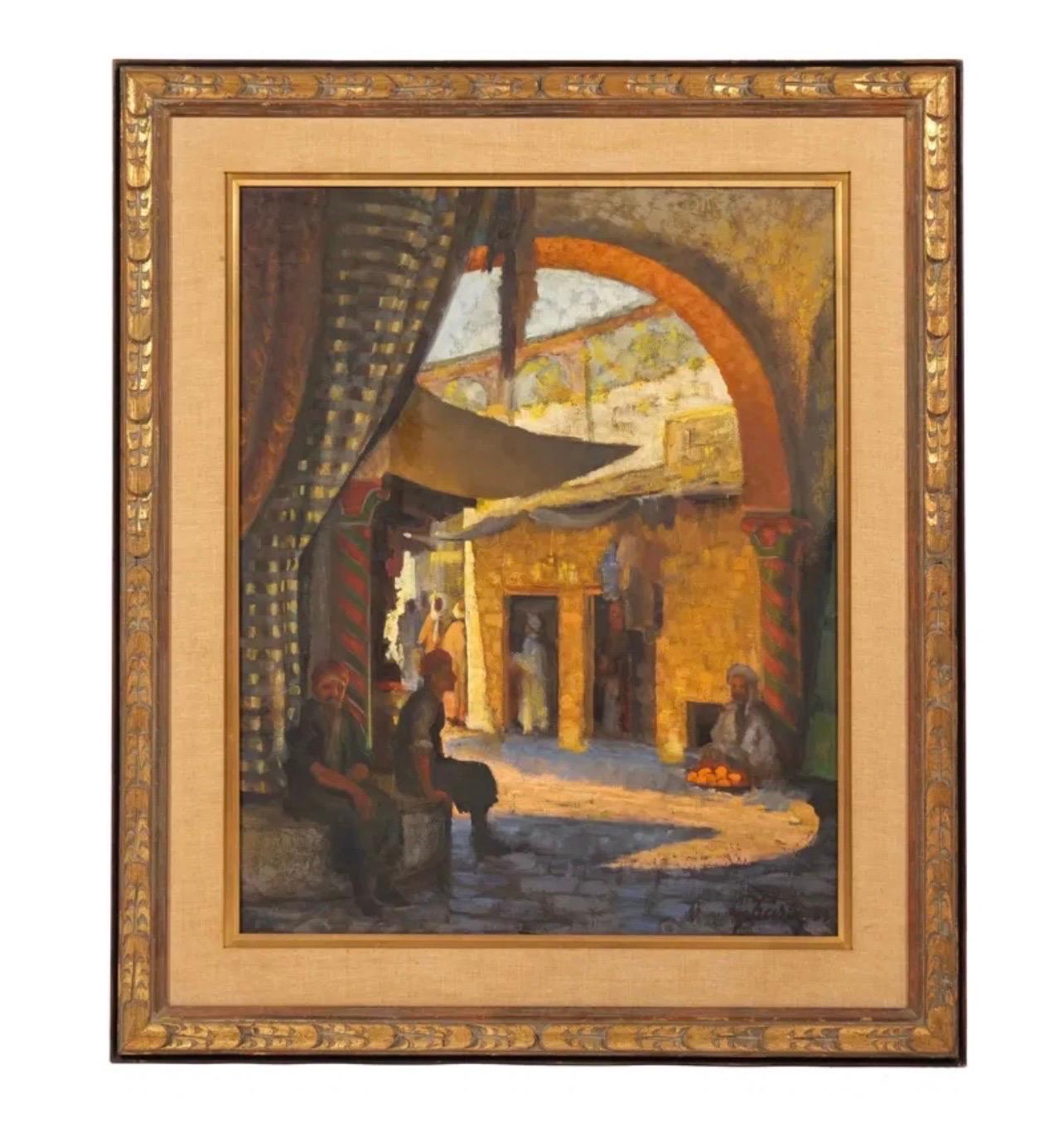 Large Orientalist Arab Oil Painting Merchants at the Bazaar Souq Jalal Gharbi For Sale 11