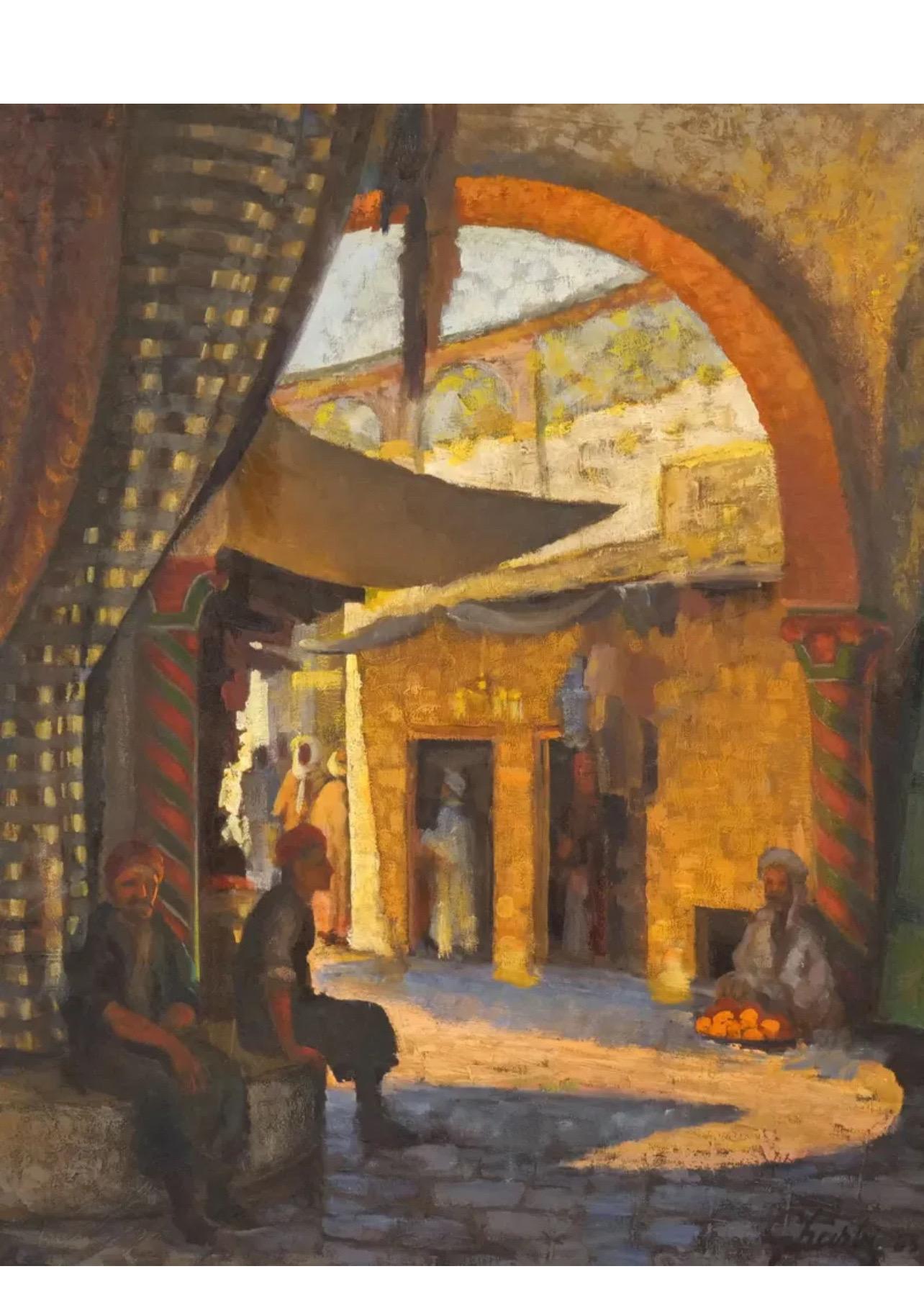 Large Orientalist Arab Oil Painting Merchants at the Bazaar Souq Jalal Gharbi For Sale 1