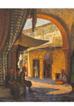 Large Orientalist Arab Oil Painting Merchants at the Bazaar Souq Jalal Gharbi