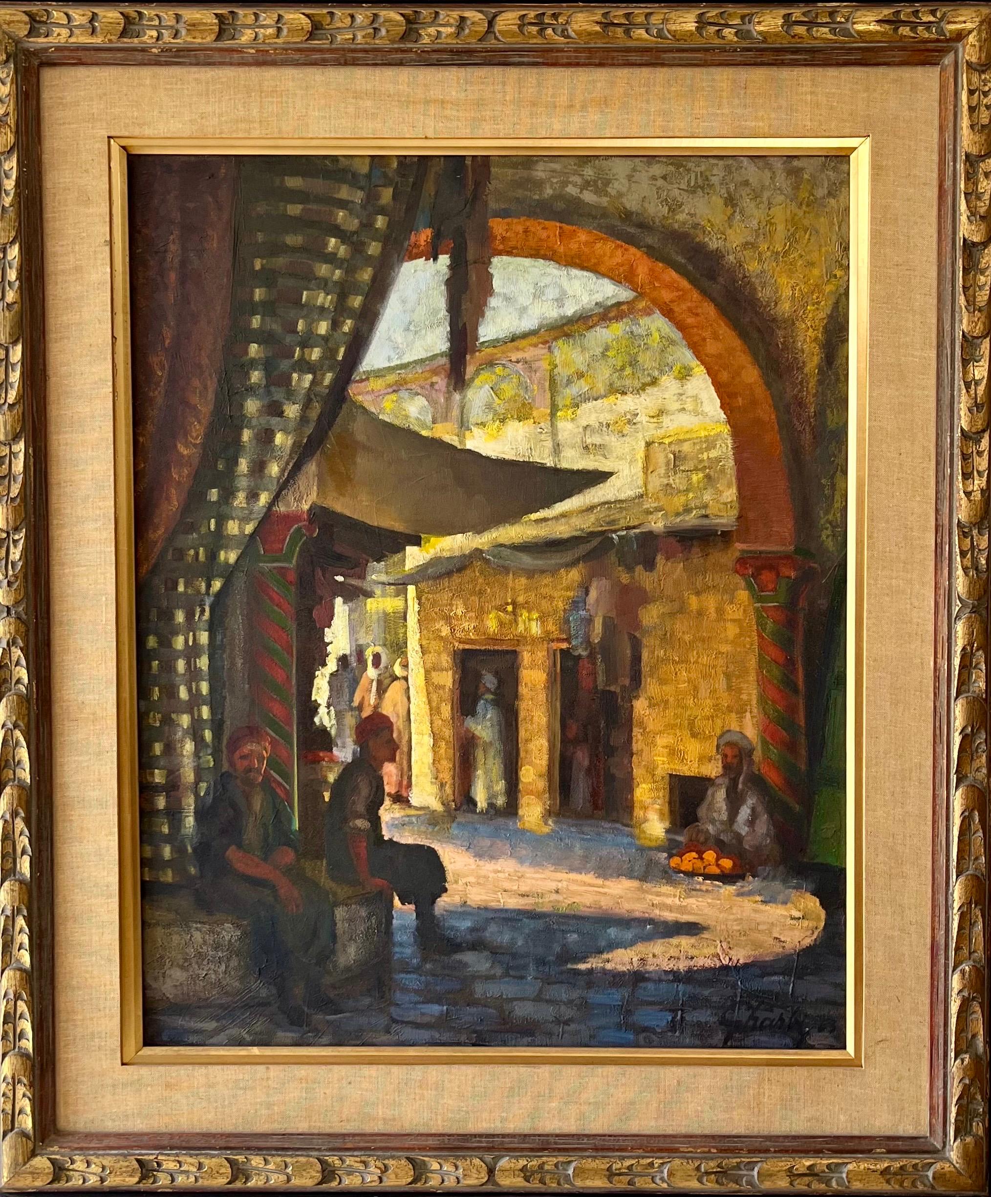Large Orientalist Arab Oil Painting Merchants at the Bazaar Souq Jalal Gharbi For Sale 2