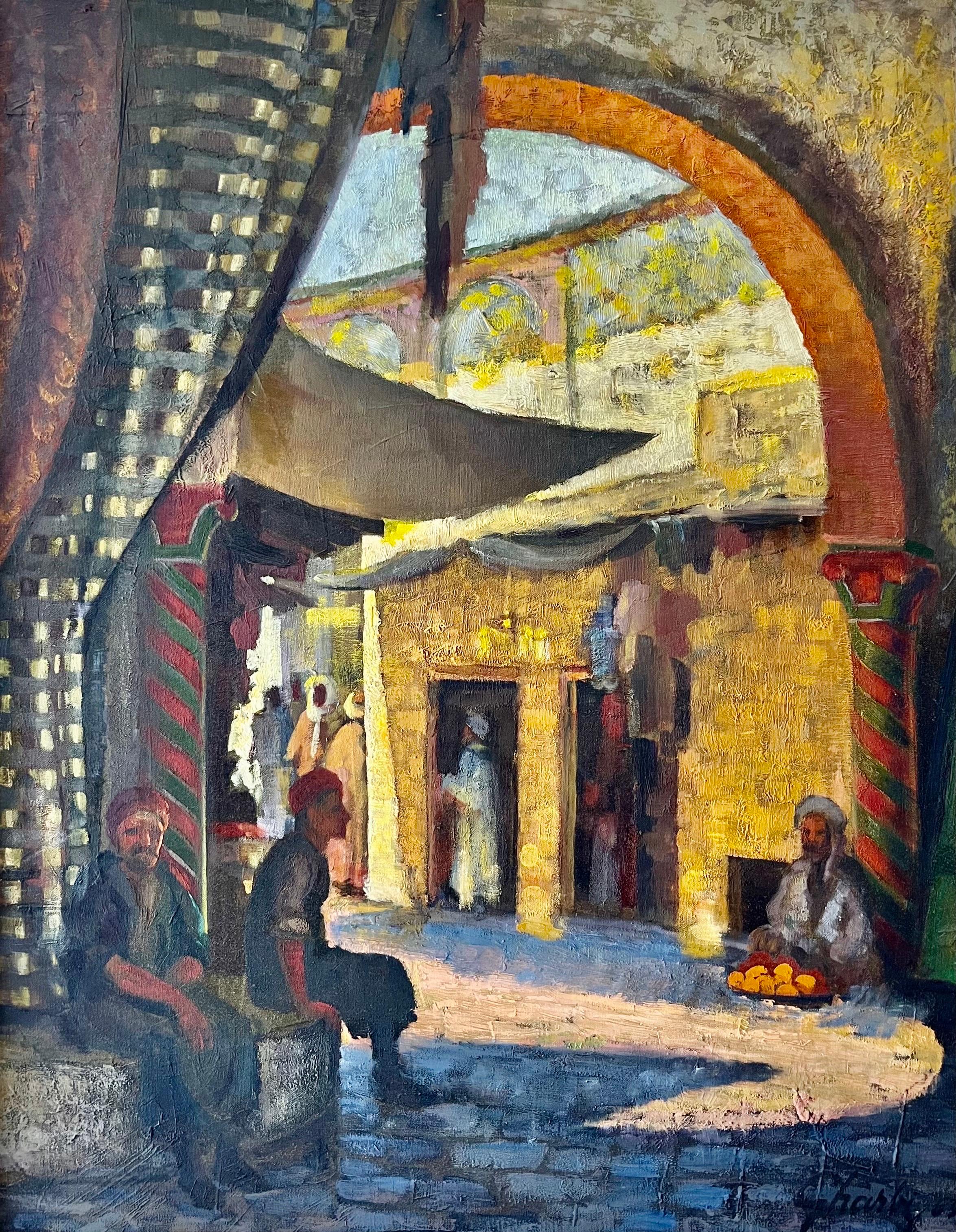 Large Orientalist Arab Oil Painting Merchants at the Bazaar Souq Jalal Gharbi For Sale 3