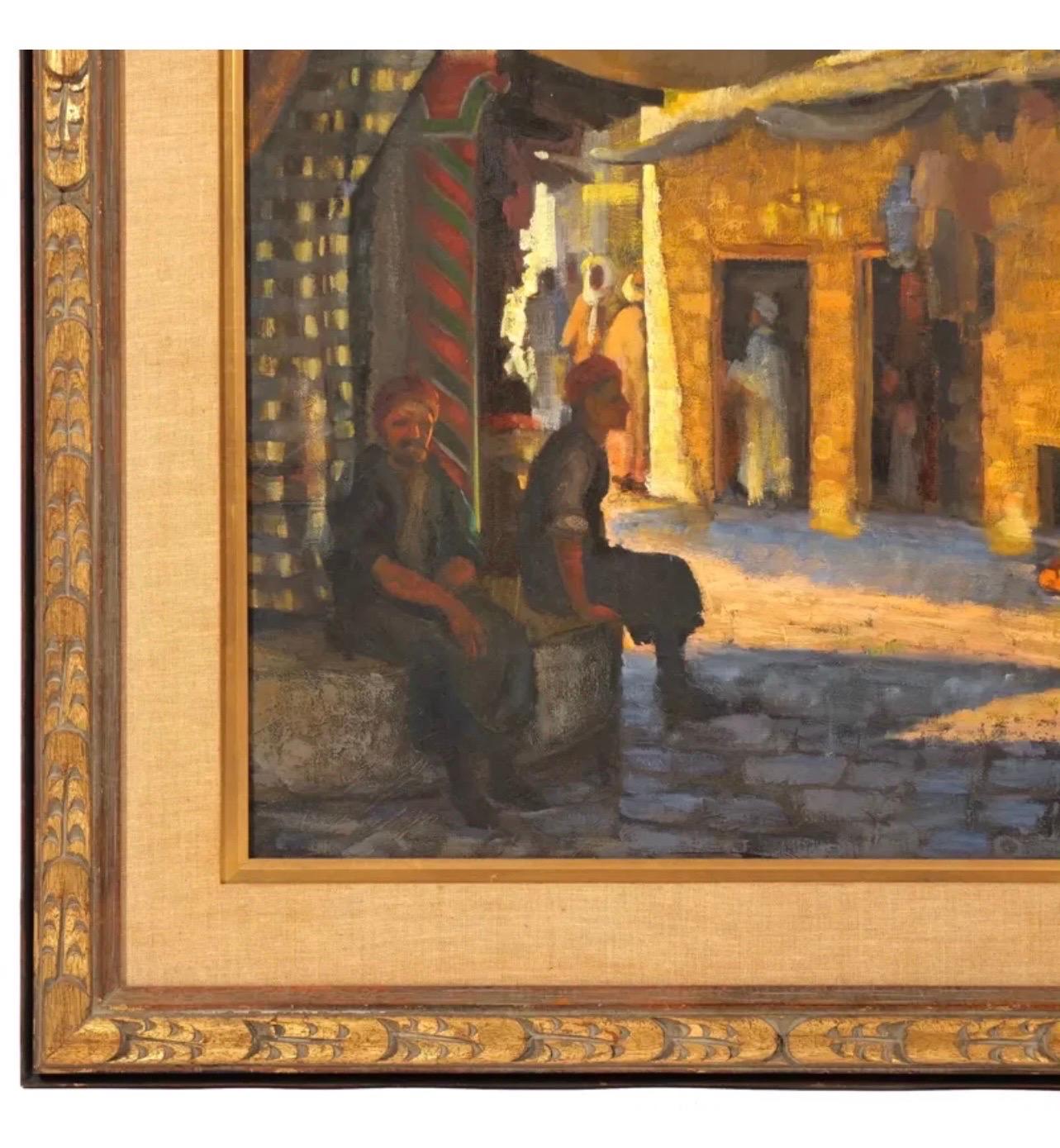 Large Orientalist Arab Oil Painting Merchants at the Bazaar Souq Jalal Gharbi For Sale 6