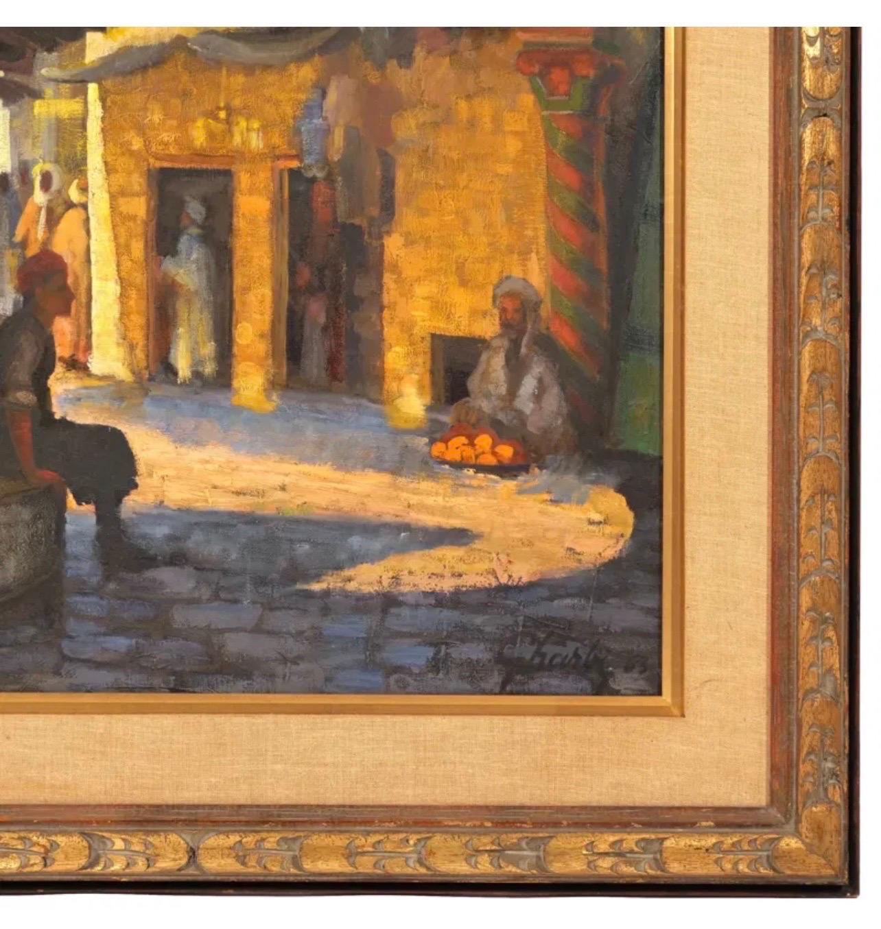 Large Orientalist Arab Oil Painting Merchants at the Bazaar Souq Jalal Gharbi For Sale 8