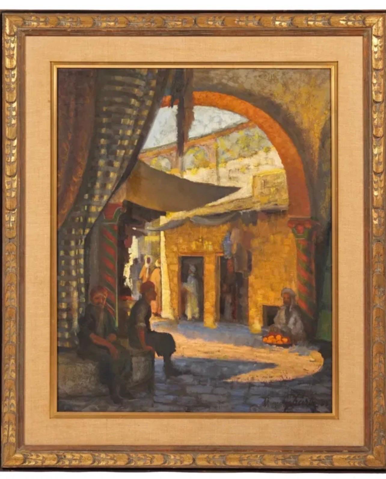 Merchants at the Bazaar Oil Painting by Jalal Gharbi (1920-2005)
Frame: 40 X 34
Image: 29.75 X 23.75
Provenance:The Estate of Isobel Riddoch Gharbi, Manhattan, NY


Jalal Gharbi (1920-2005) who was a prolific North African, Tunisian, French painter
