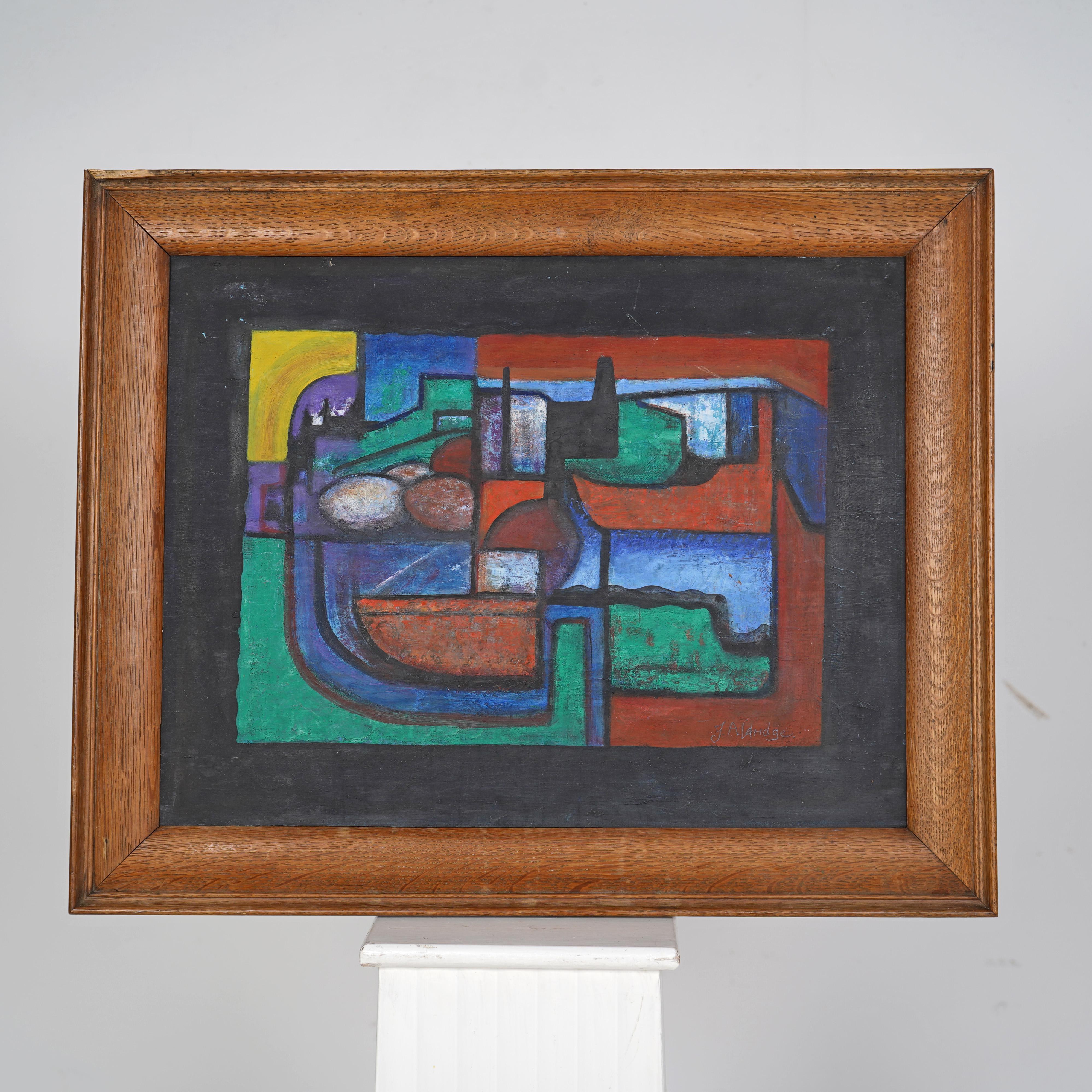 J.Alderidge oil on board painting.
Modernist abstract painting. 
The frame has some damage to the top left, shown in pictures.

Dimensions

H 50cm, W 62cm, D 3cm
 
Condition 
Please do take a careful look at all our pictures and note that these are