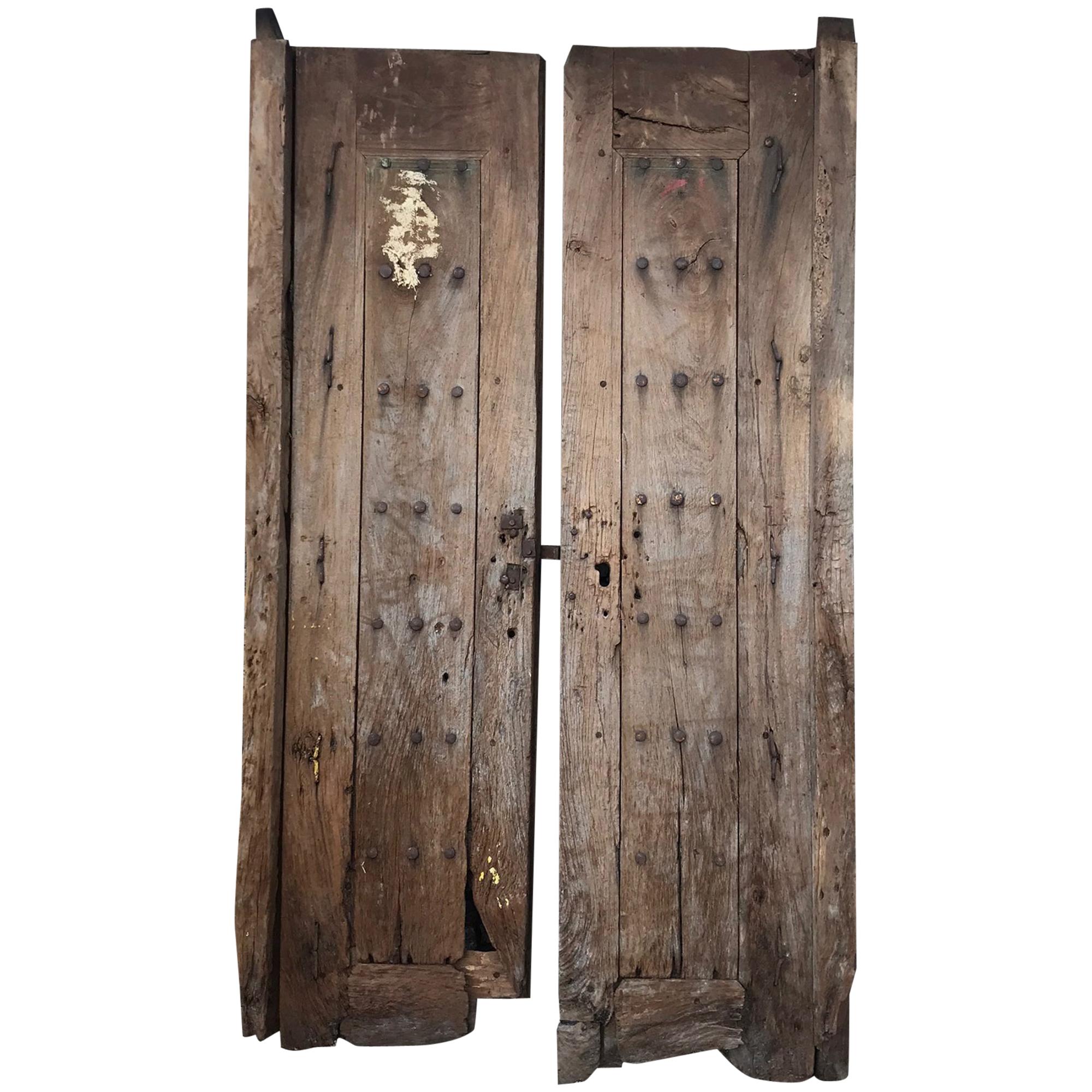 Jalisco Hacienda Handcrafted Old Rustic Door in Solid Mesquite Wood Mexico 1920s