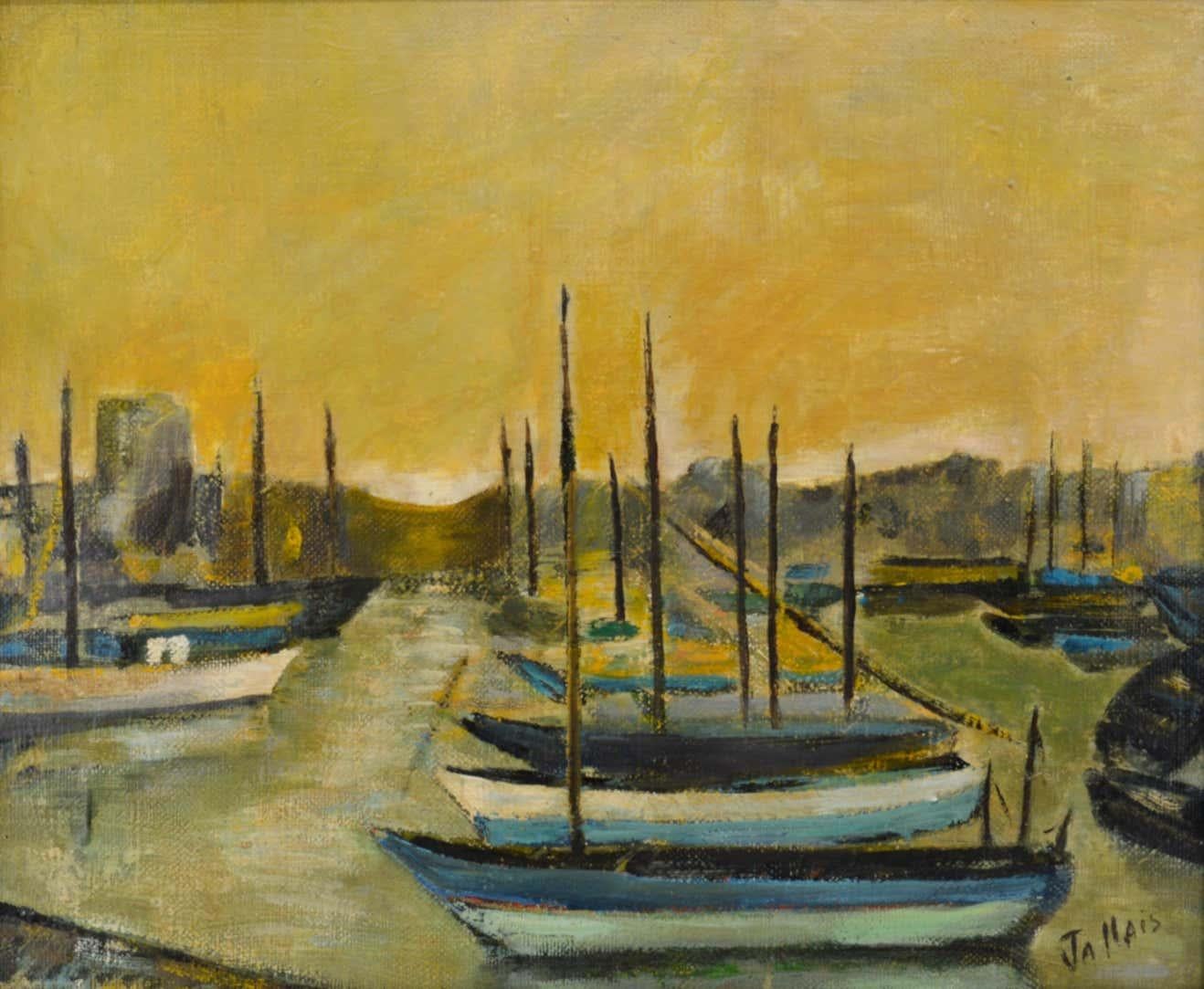 Huile sur toile de Jallais, « Boats in Port », années 1960 en vente 1