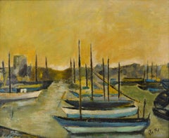 Óleo sobre lienzo de Jallais, Barcos en el puerto, años 60