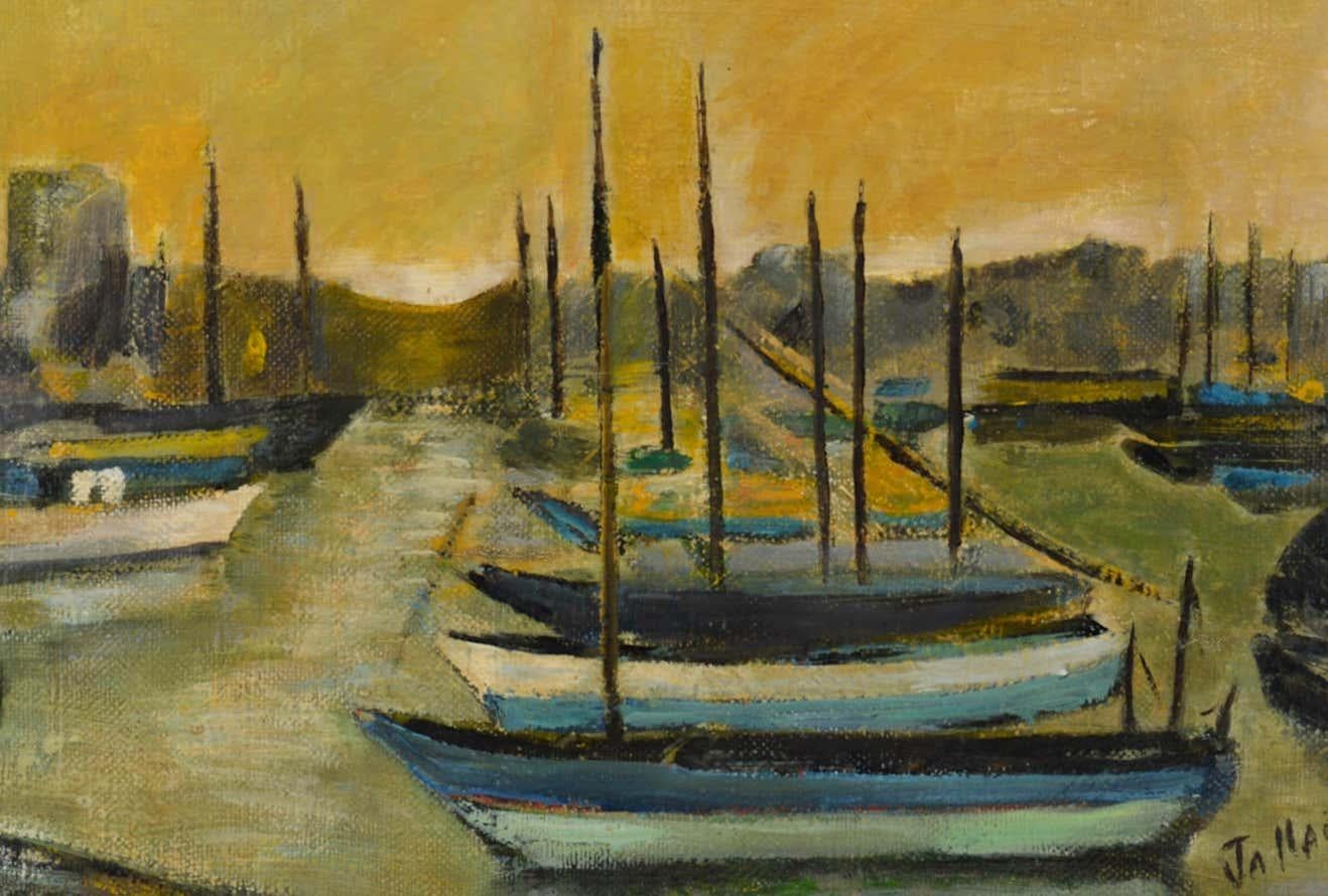 Olio su tela di Jallais, Barche in porto, 1960 in vendita 2