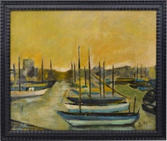 Vintage Oil on Canvas by Jallais, Boats in Port, 1960s