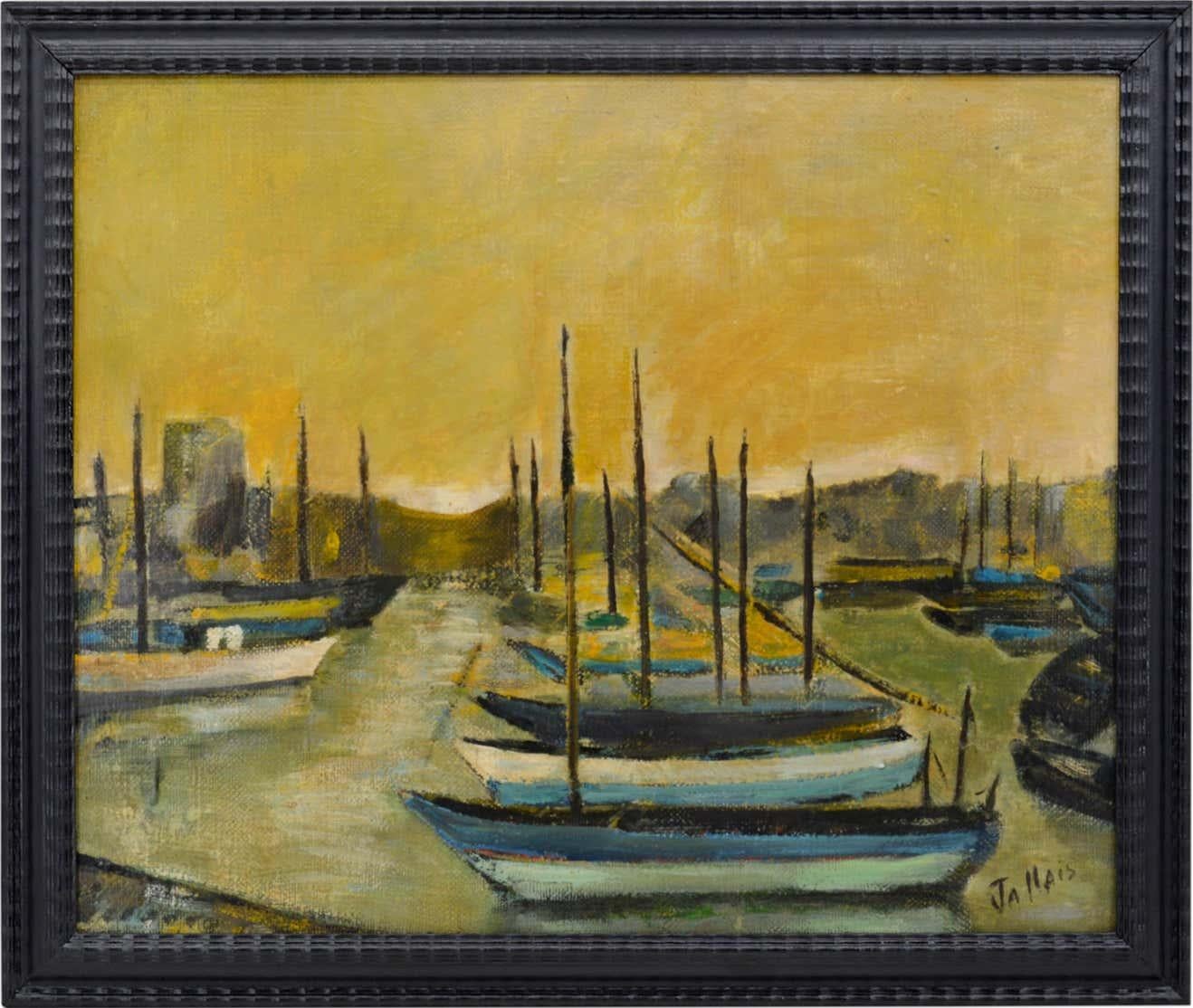 Olio su tela di Jallais, Francia, anni '60. Barche in porto. Nella sua bella cornice di legno marrone scuro. Con cornice: 68x58 cm - 26,8x22,8 pollici, senza cornice: 61x50 cm - 24x19,7 pollici. Formato 12F. Firmato in basso a destra "Jallais".