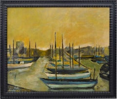 Óleo sobre lienzo de Jallais, Barcos en el puerto, años 60