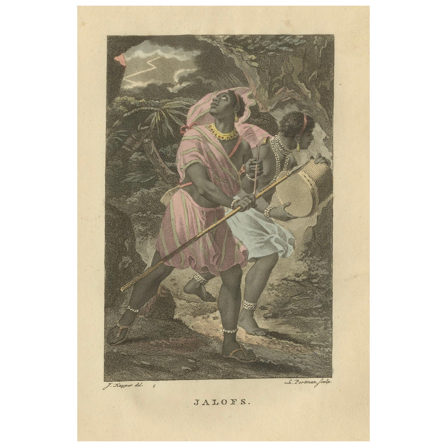 Jalofs, Afrique de l
Ouest - Gravure ethnographique ancienne coloriée à la main (c.1810)