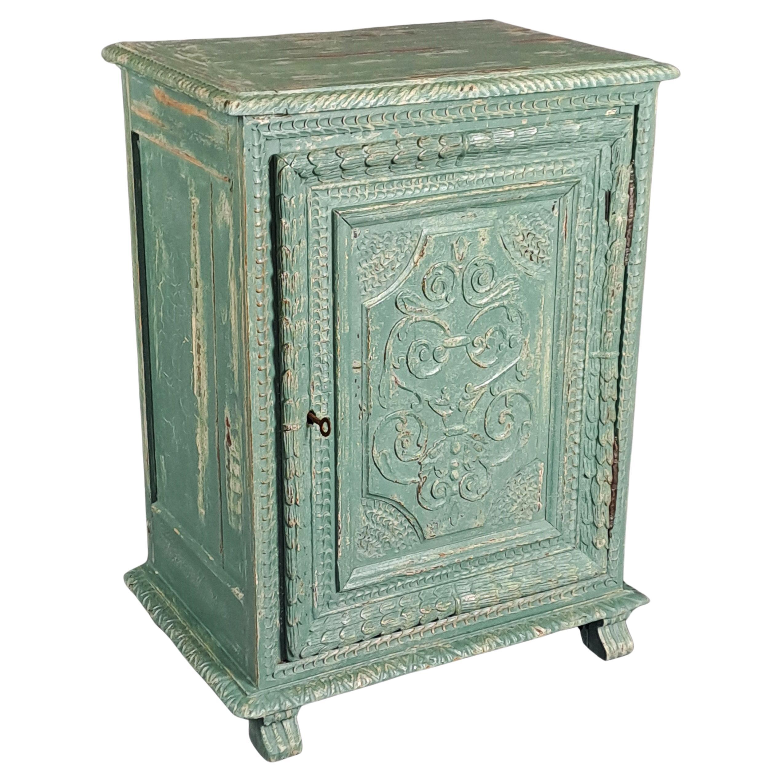 Jam Cupboard / Small Renaissance Sideboard With Green Patina