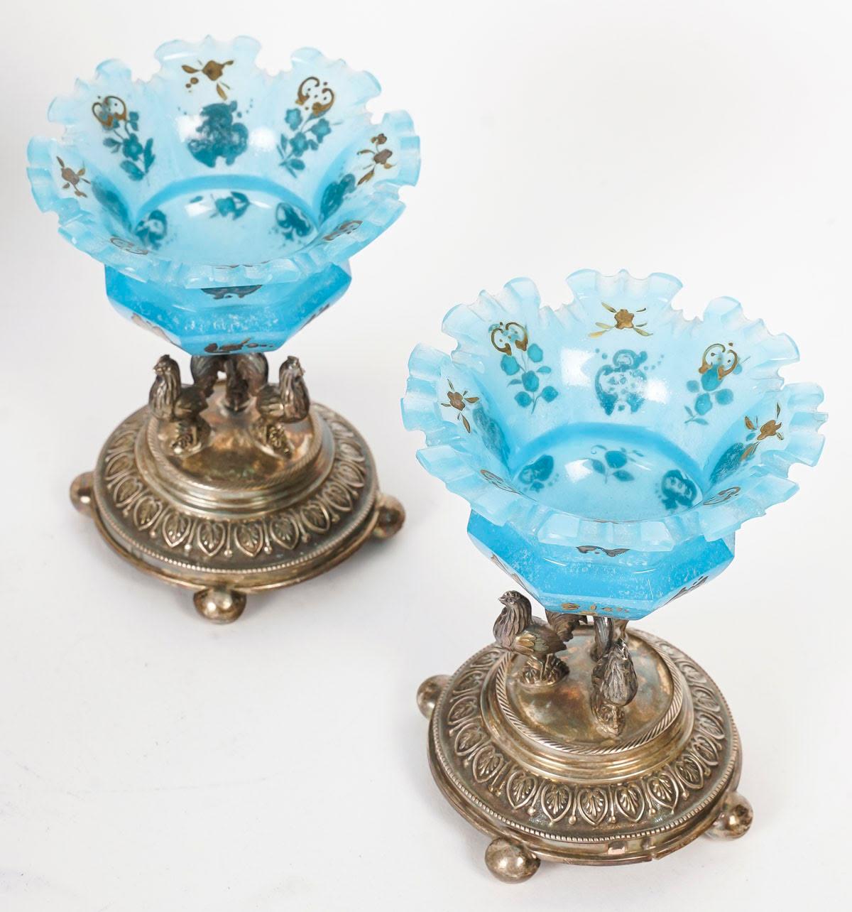 Enameled Jam Set in Blue Enamelled Opaline and Silver Plated Metal, 19th Century. For Sale