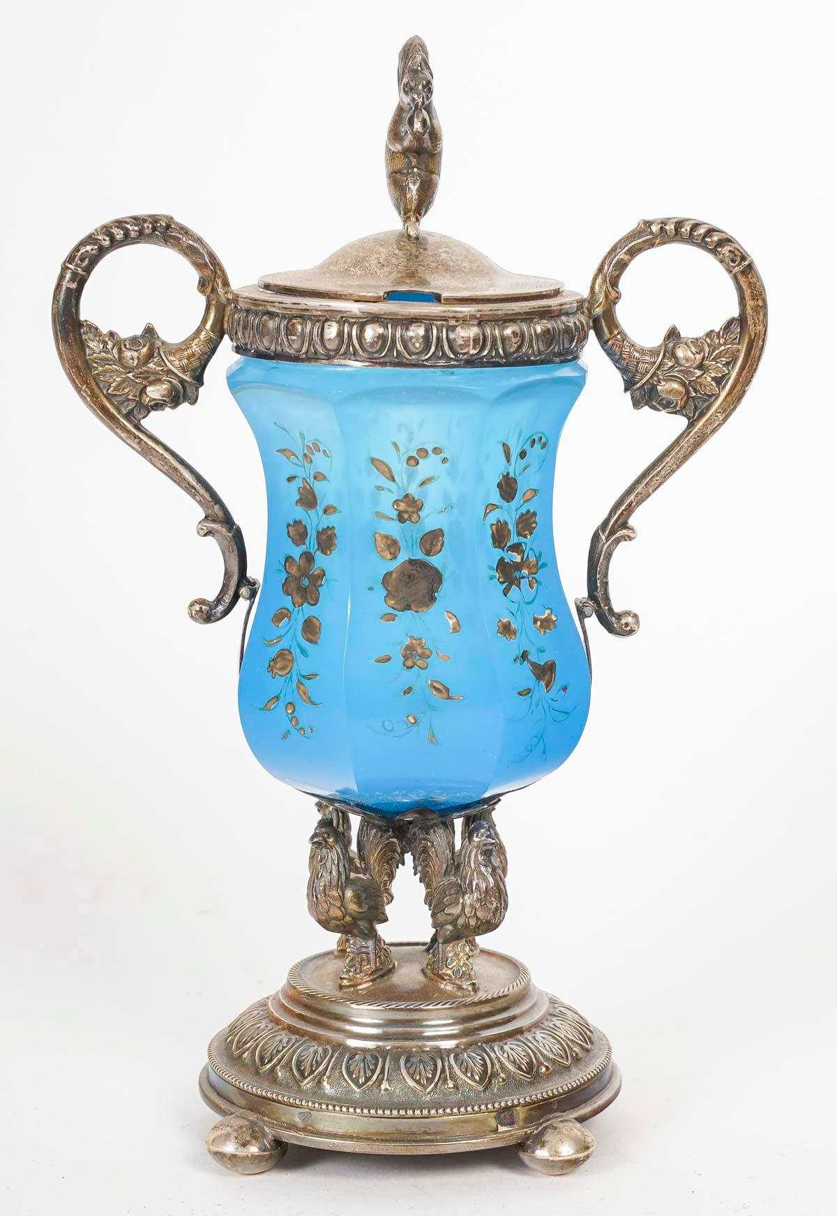 Jam Set in Blue Enamelled Opaline and Silver Plated Metal, 19th Century. In Good Condition For Sale In Saint-Ouen, FR