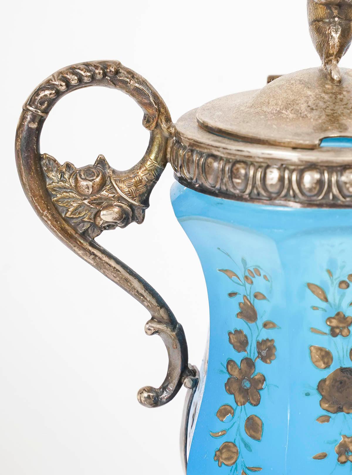 Jam-Set aus blau emailliertem Opal und versilbertem Metall, 19. Jahrhundert. im Angebot 1