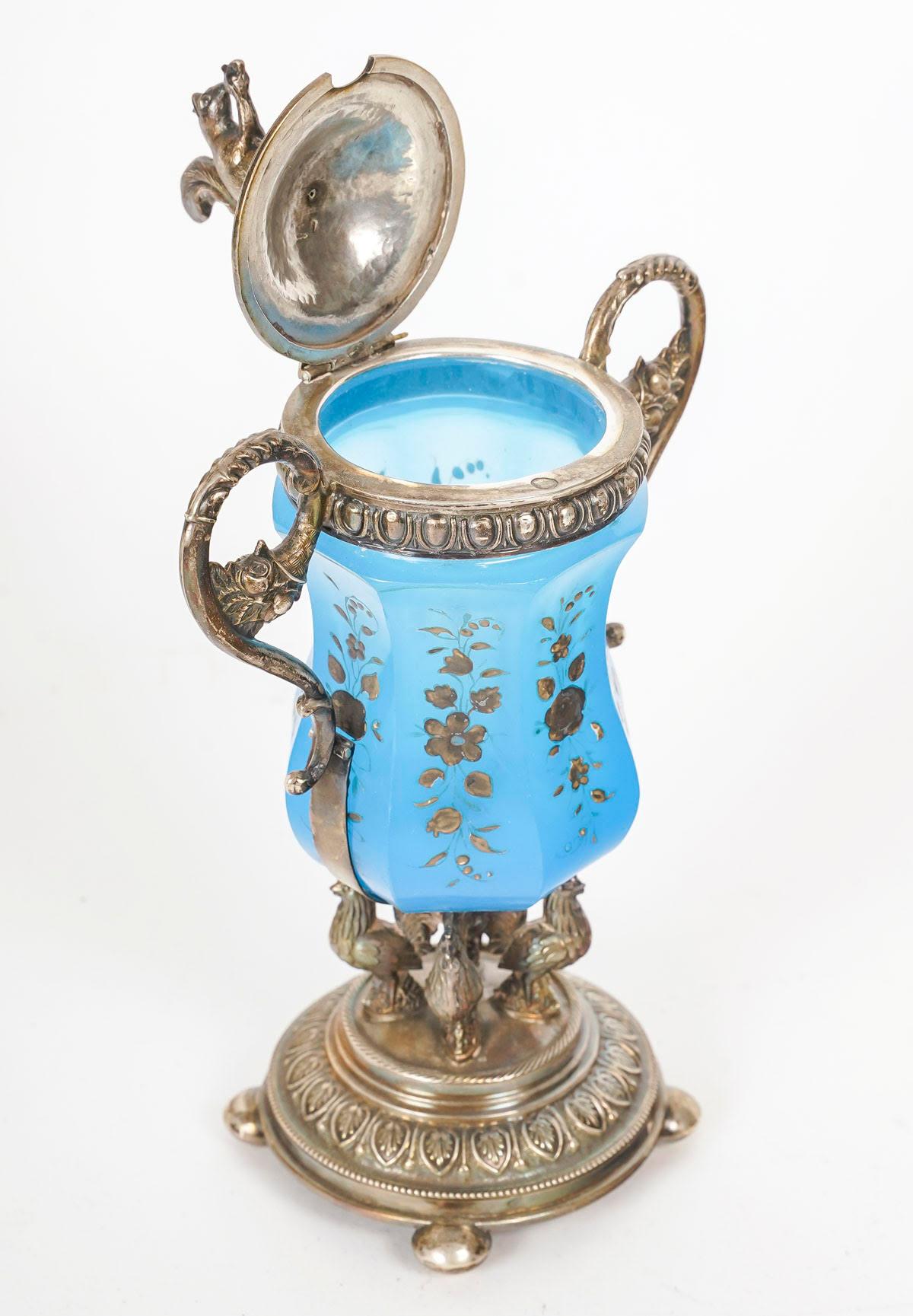 Jam Set in Blue Enamelled Opaline and Silver Plated Metal, 19th Century. For Sale 2