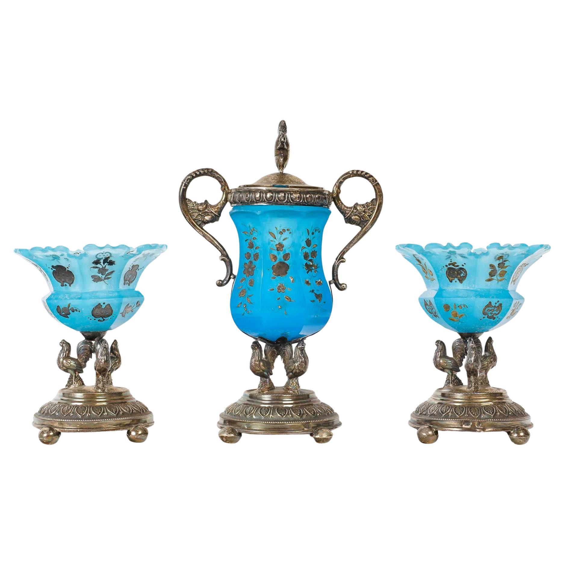 Jam-Set aus blau emailliertem Opal und versilbertem Metall, 19. Jahrhundert.