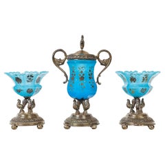 Antique Jam Set in Blue Enamelled Opaline and Silver Plated Metal, 19th Century.