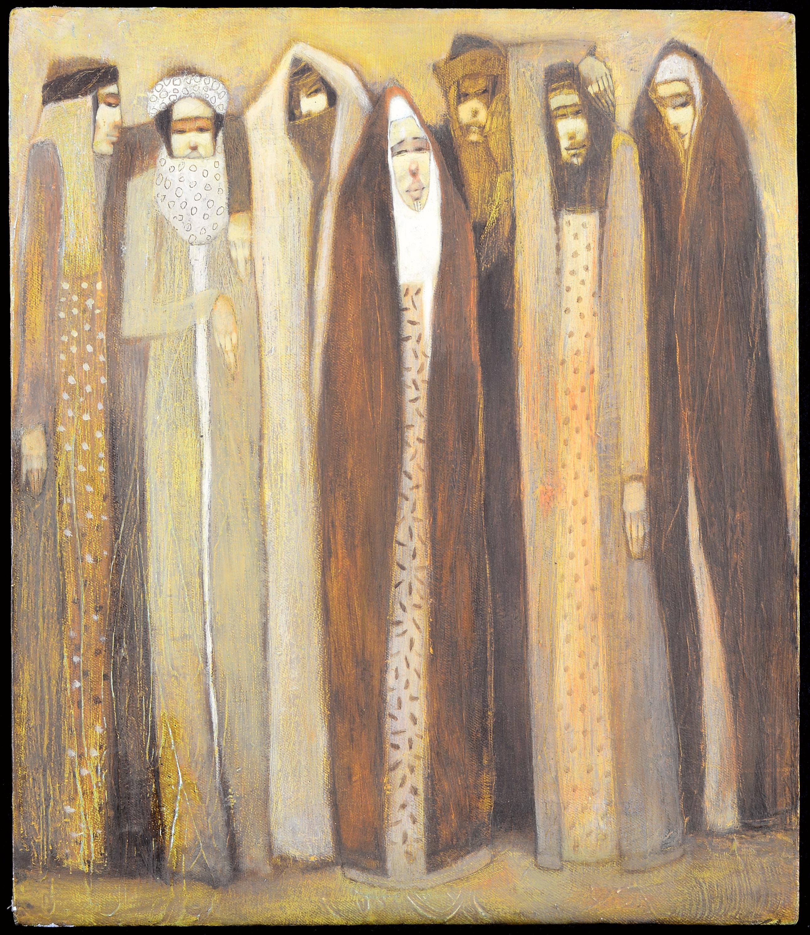 Les villageois - Abstrait Figuratif Syrien Huile sur Toile Peinture Portraits - Painting de Jamaah Nazhan