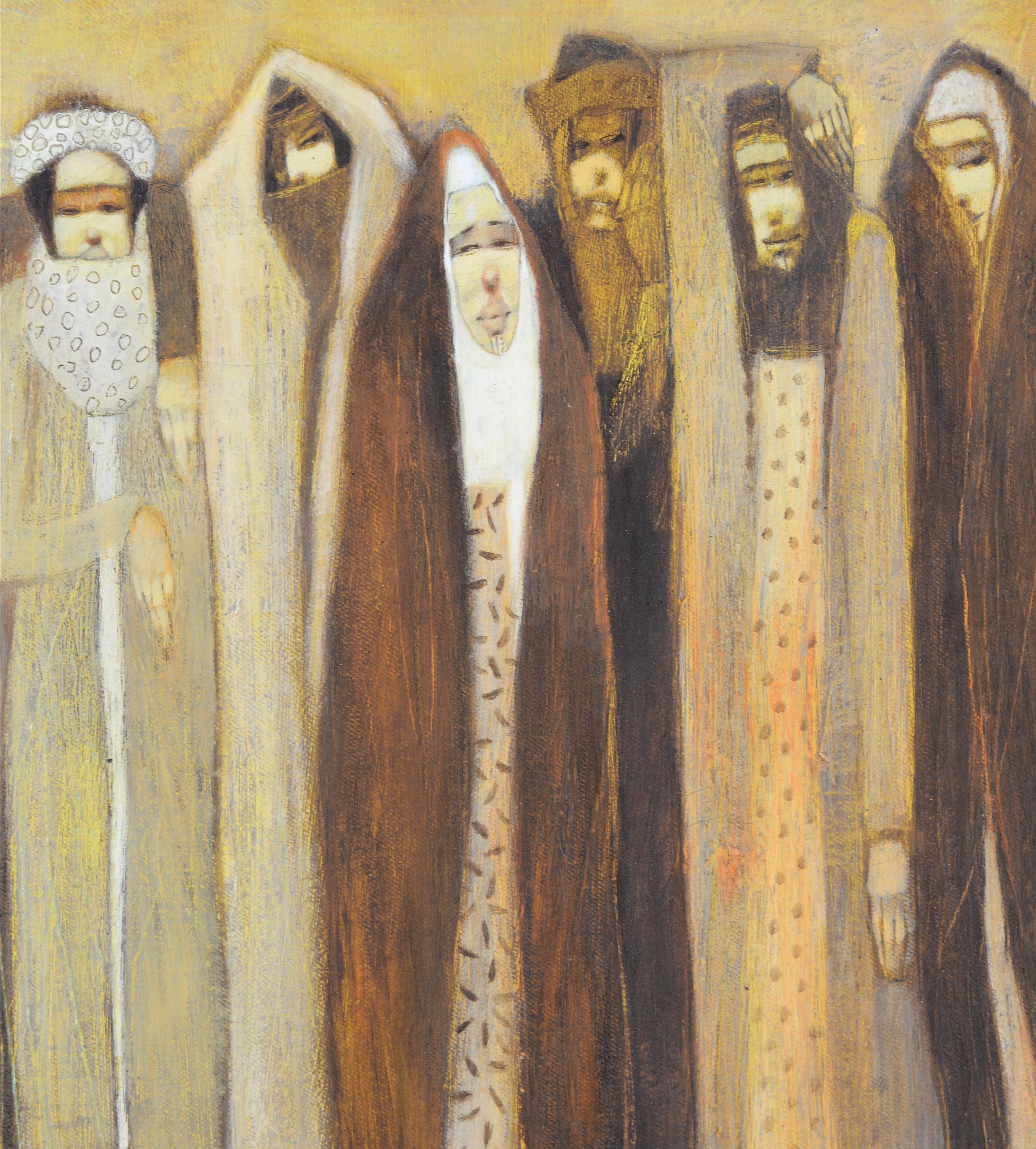 Une belle huile abstraite syrienne sur toile représentant des villageoises, par Jumaah Nazhan.

L'artiste est très intéressant car il est le seul à avoir continué à produire de l'art sous l'occupation de l'État islamique. Il s'est enfui à Damas en