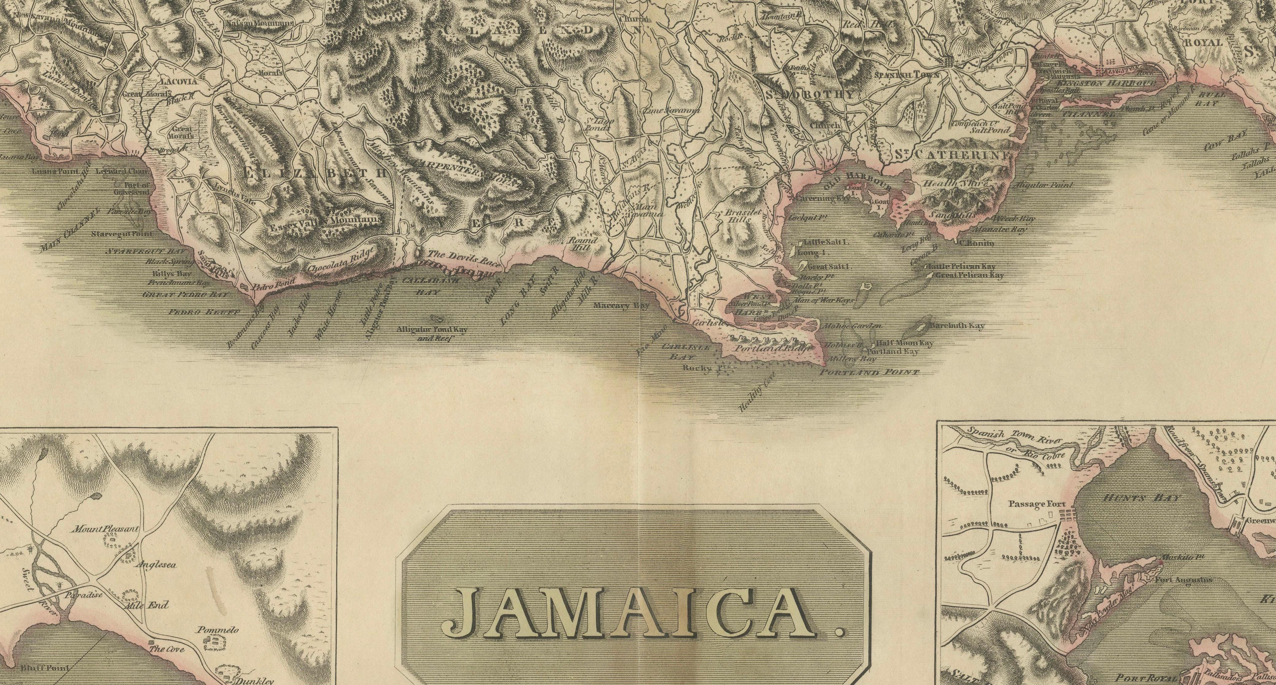 Jamaica Map by John Thomson, Kingston & Port Royal Harbors, c.1817