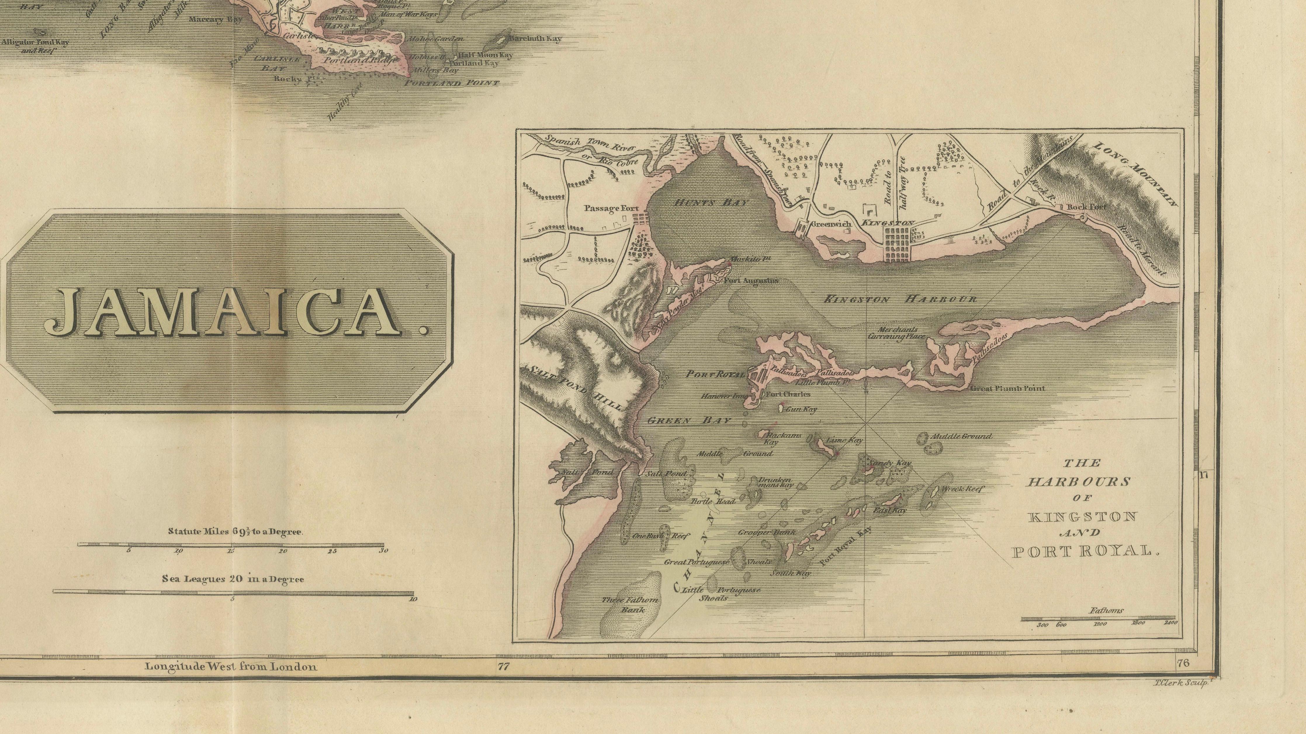 Jamaica Map by John Thomson, Kingston & Port Royal Harbors, c.1817