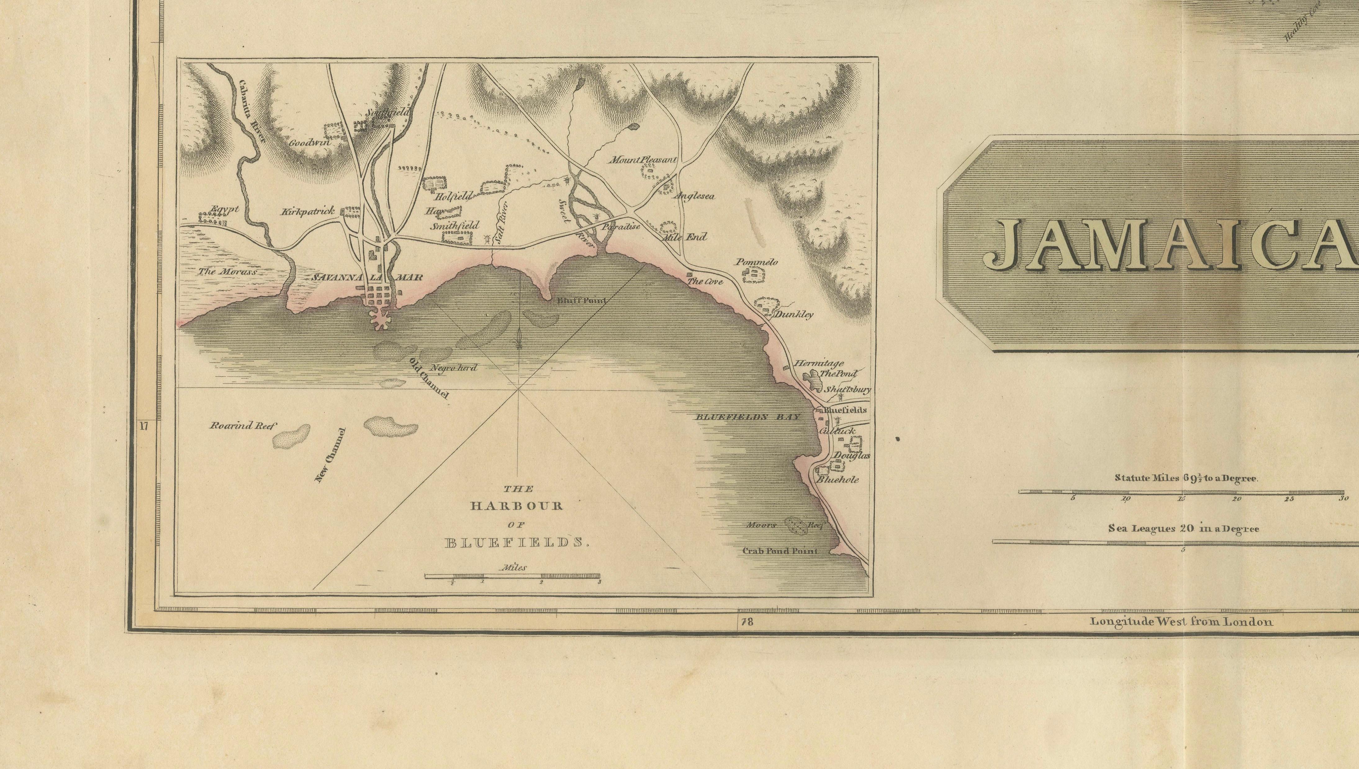 Jamaica Map by John Thomson, Kingston & Port Royal Harbors, c.1817