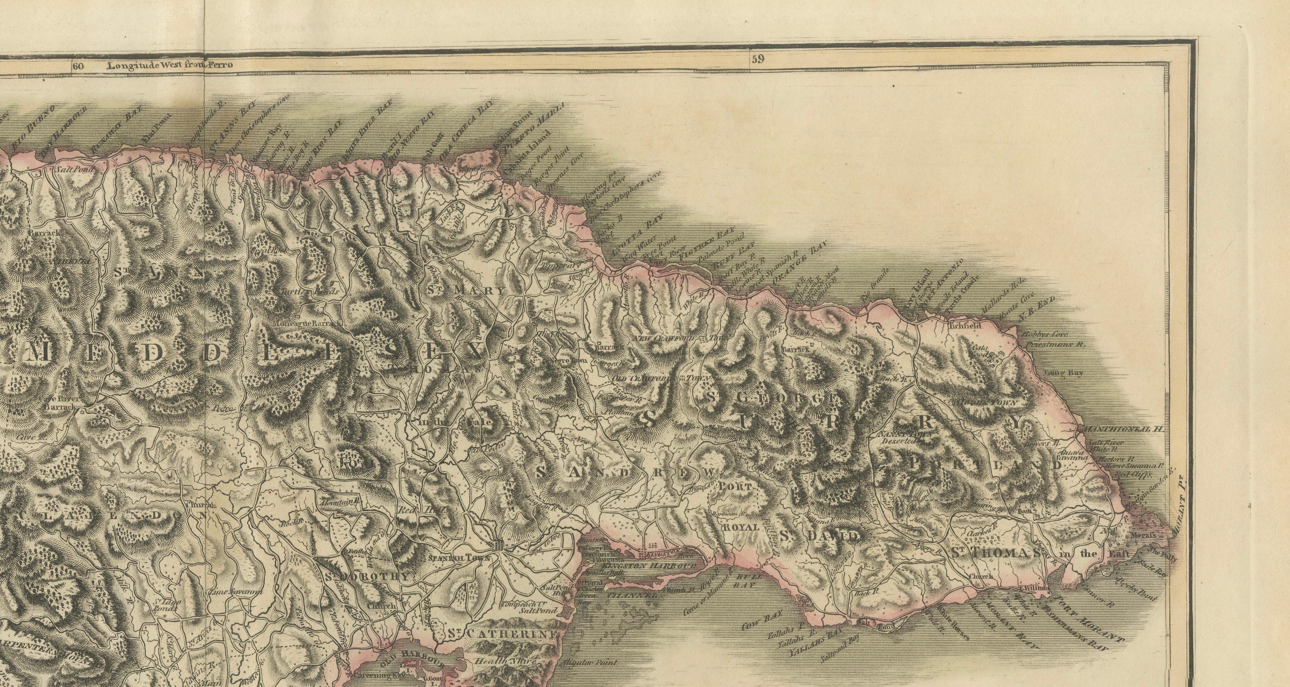 Jamaica Map by John Thomson, Kingston & Port Royal Harbors, c.1817