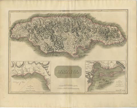 Jamaica Map by John Thomson, Kingston & Port Royal Harbors, c.1817