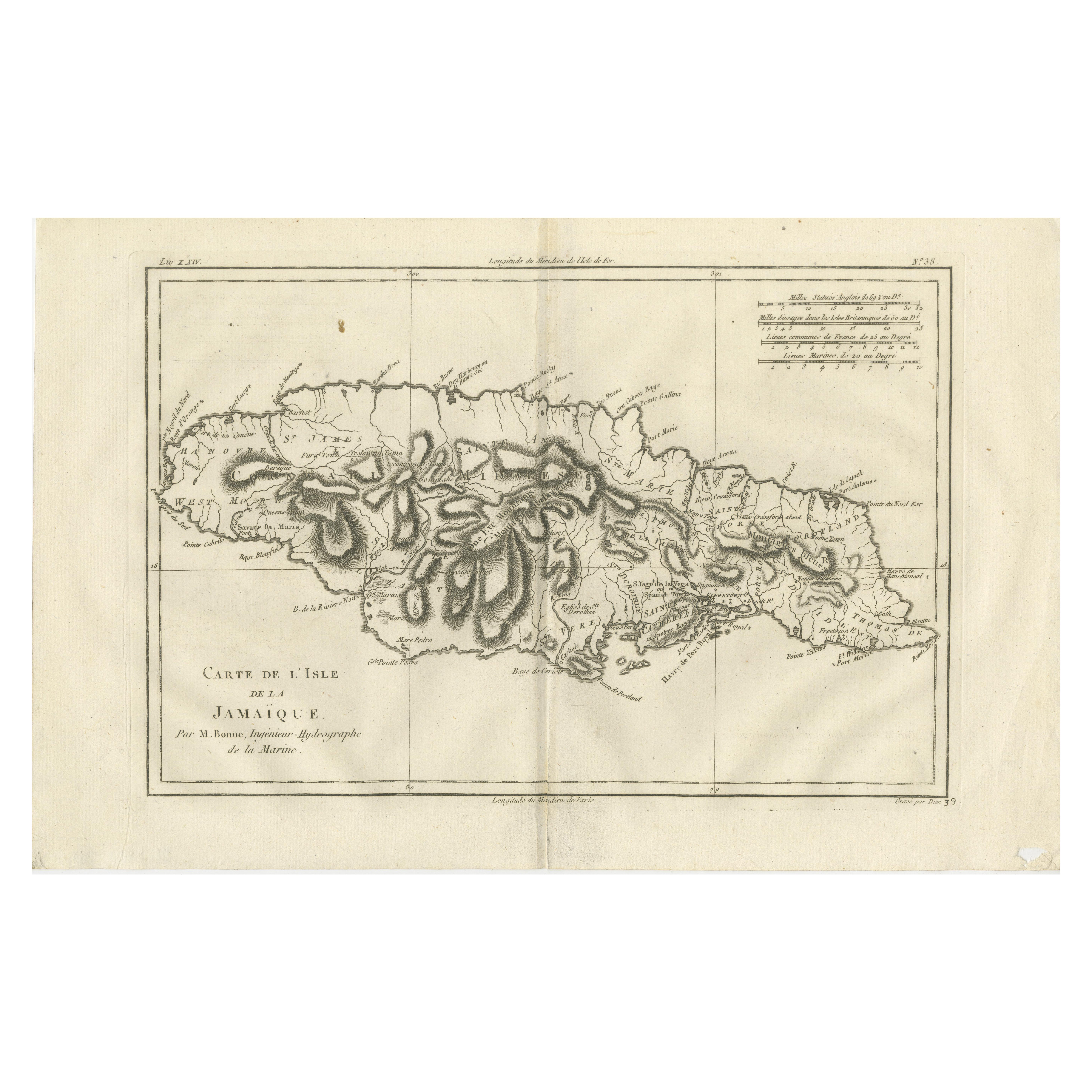 Jamaika - Original antike Inselkarte von Rigobert Bonne, um 1780