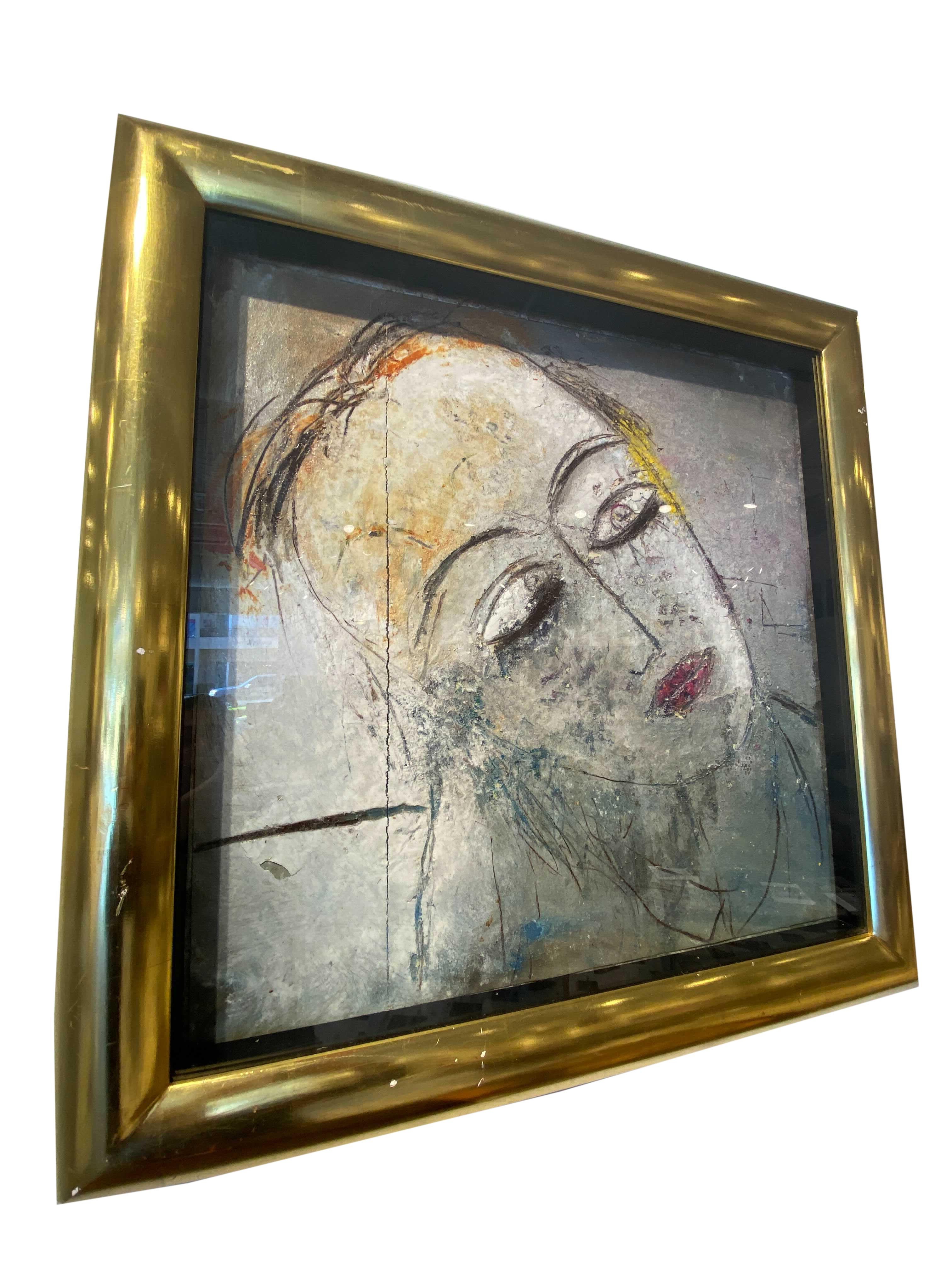 This piece is among the early creations of Jamali when he was starting out his career as an artist in the United States. It's encased in a square frame with gold borders and a dimension of 31.5 in x 31.5 in. It's currently displayed in a Fine rugs