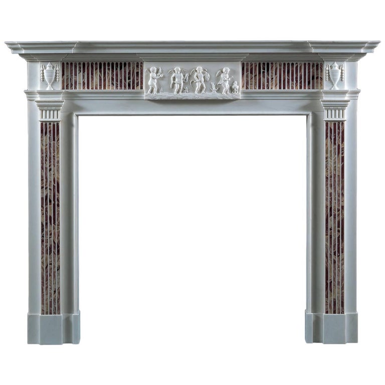 Jamb Four Seasons Fireplace in White Statuary Marble Inlaid with Jasper For Sale