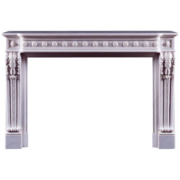 British Jamb Louis XVI Style Antoinette Fireplace in White Statuary Marble For Sale