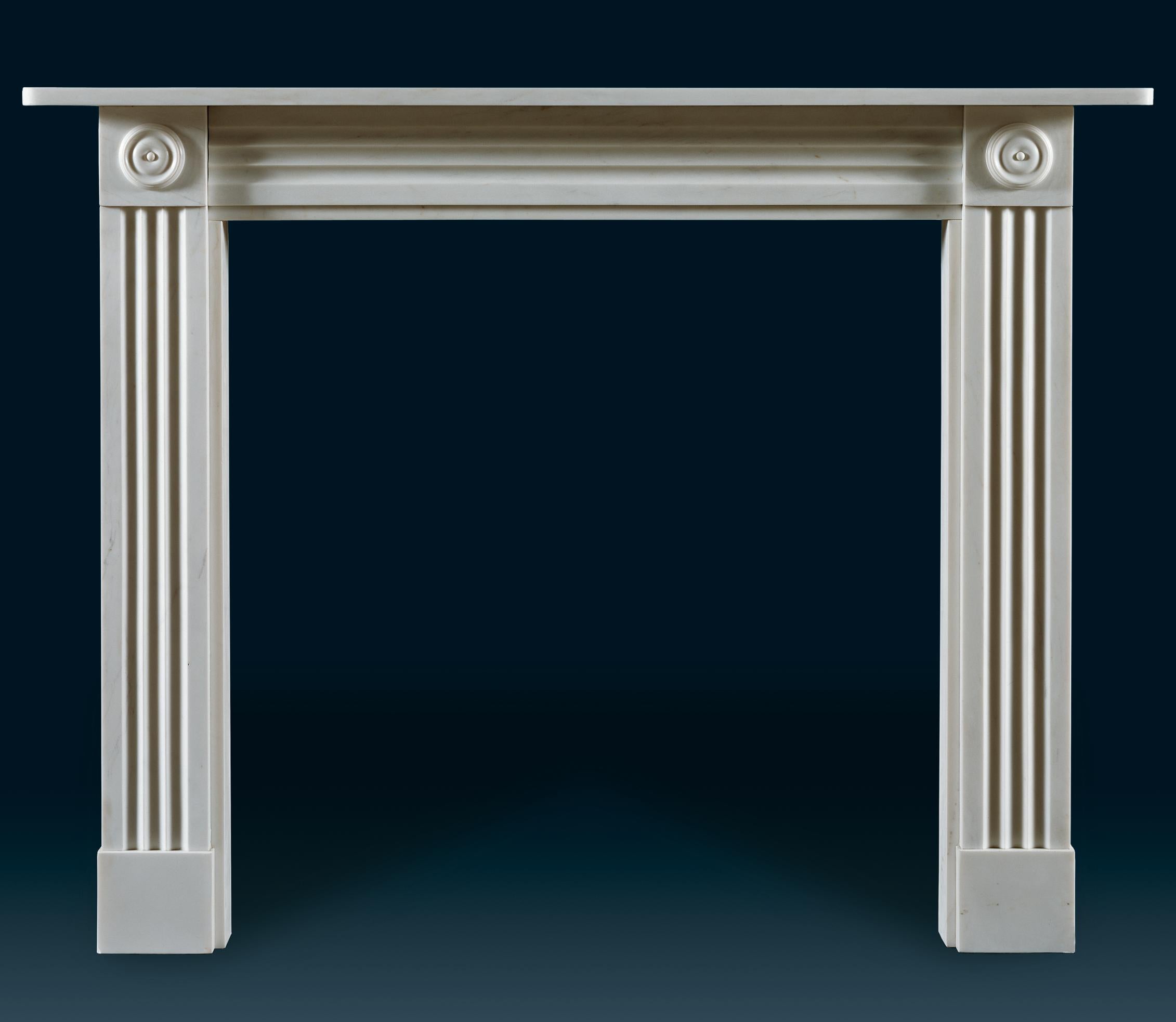 British Jamb Regency Style Brunswick Fireplace in White Statuary Marble For Sale