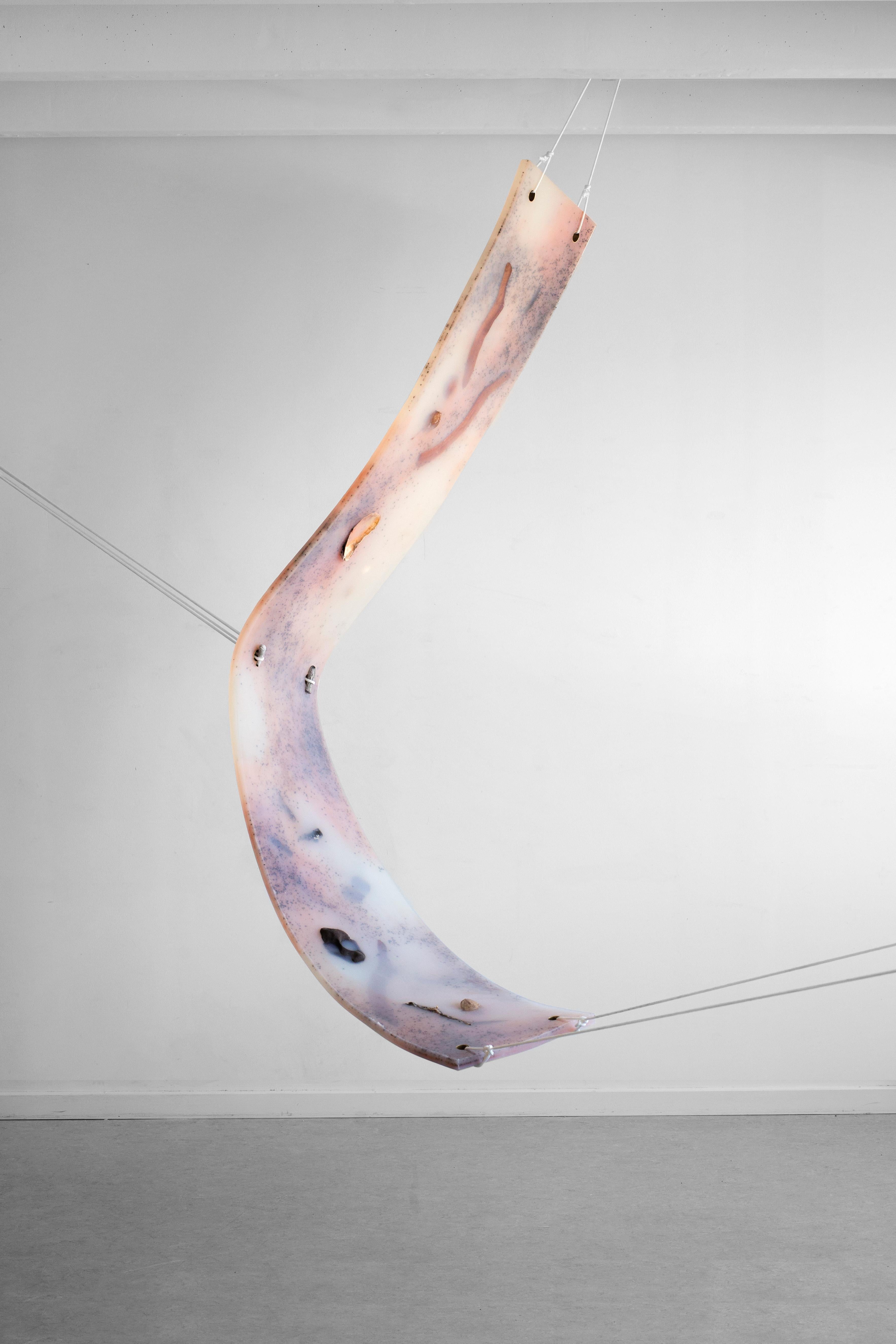 Unique and handmade silicone sculpture with LED lights and pieces collected from nature by Swedish artist Hilda Hellström. Versatile options for installation - can be hung either on the wall or from the ceiling with metal hooks. Adjustable nylon