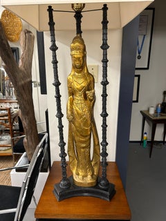 Jame Mont Style Glamorous Very Tall Gilded Plaster & Black Iron Quan Yin Lamp