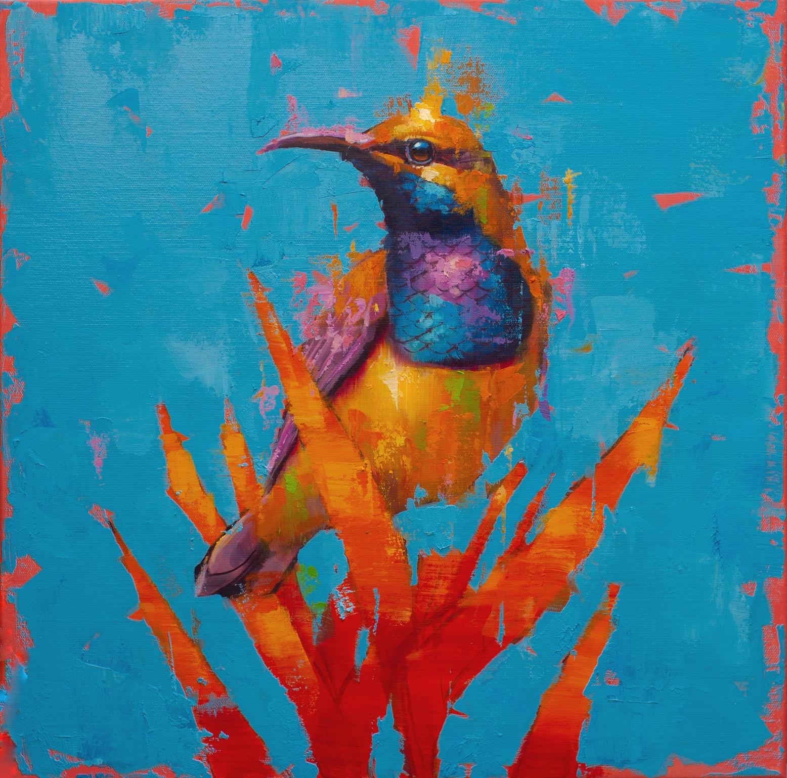 Oiseau de soleil à dos d'olivier n°1 - peinture à l'huile par  L'artiste anglais Jamel Akib
