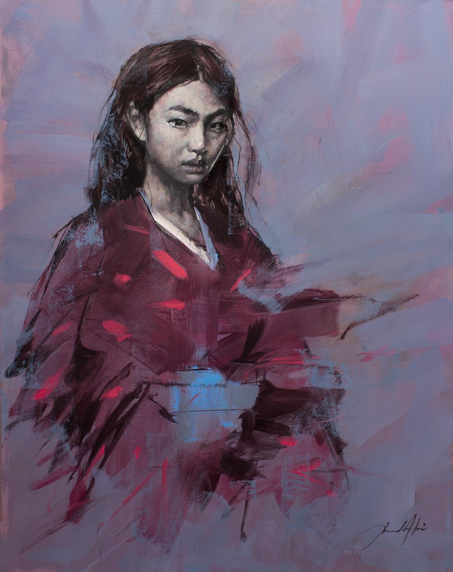 The Crimson & Black Kimono, Oil painting by British Artist Jamel Akib