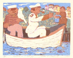 "Sailors in a Dinghy", Modern Figurative Landscape with Row Boat & Parrot, A/P
